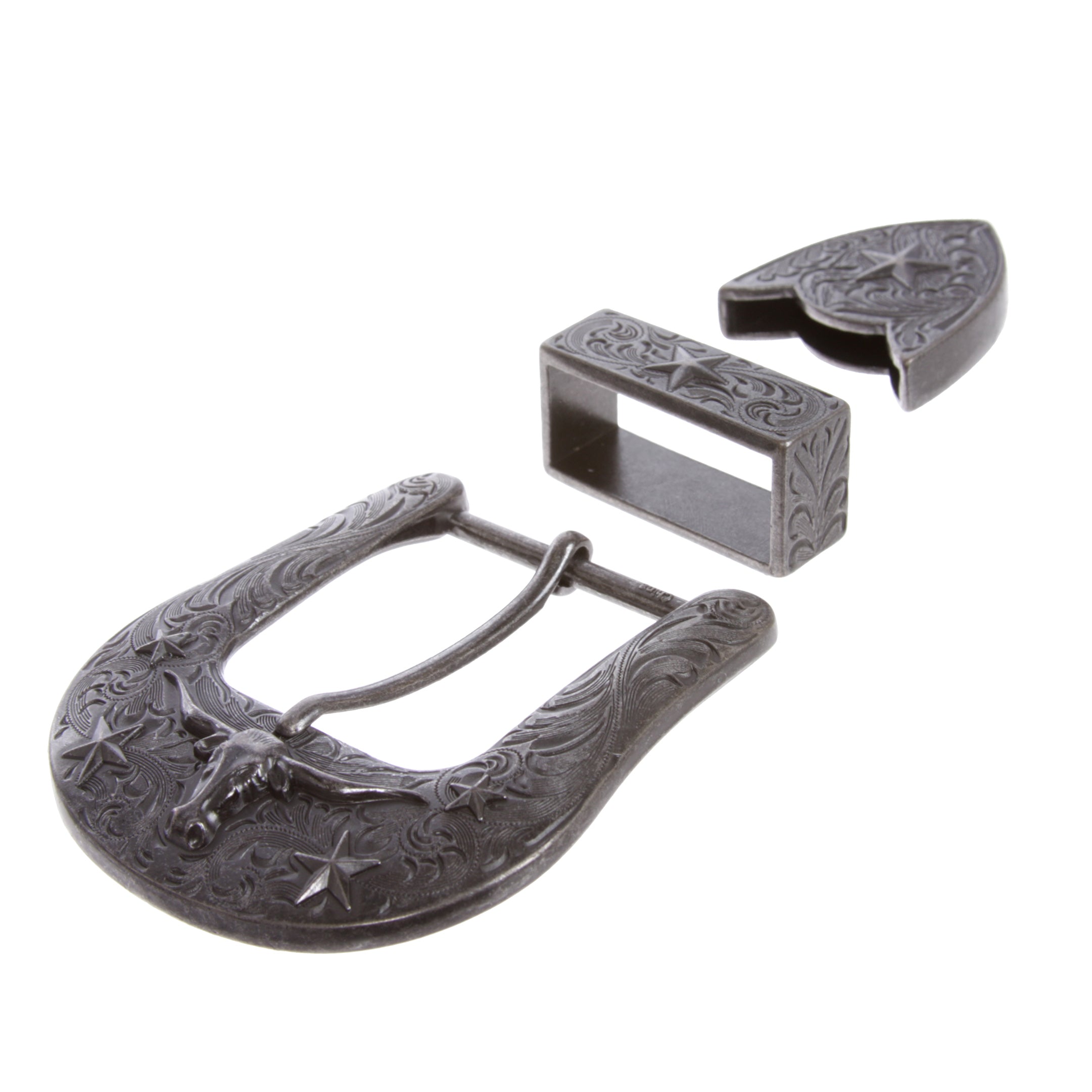 1-1/2" Engraved Western Cowboy Longhorn & Star Belt Buckle Set for Leather Craft - OnlineBelts