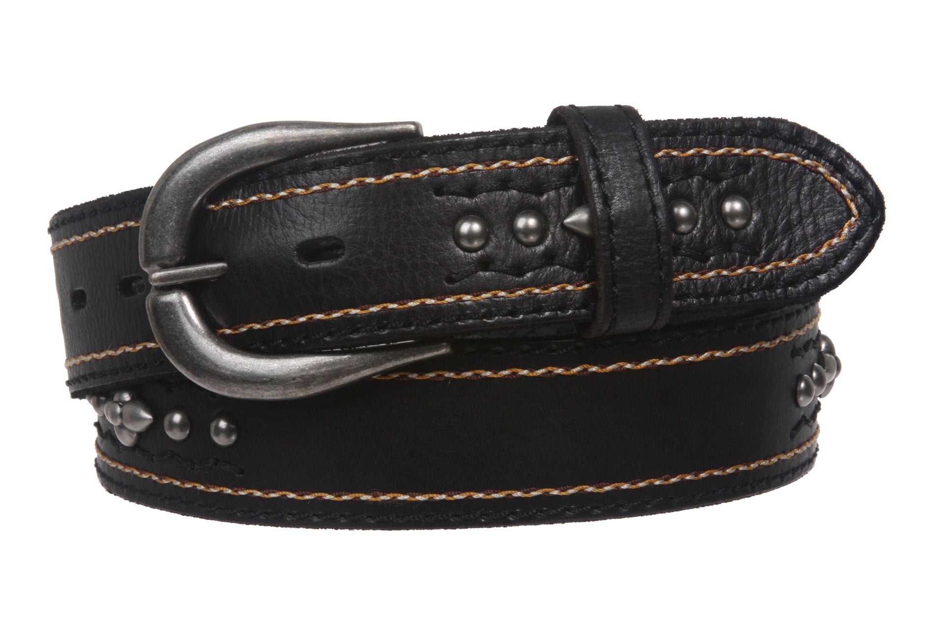 Snap On Stitching-Edged Floral Riveted Studs Cowhide Leather Casual Jean Belt - OnlineBelts