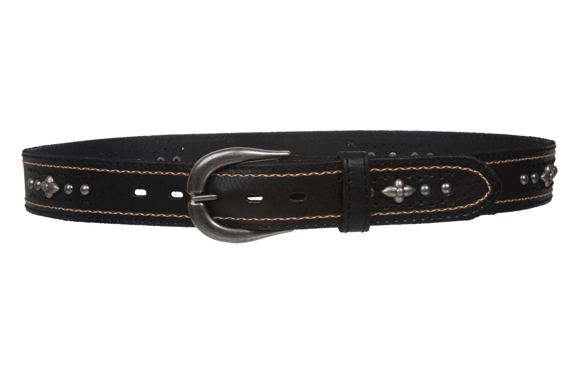 Snap On Stitching-Edged Floral Riveted Studs Cowhide Leather Casual Jean Belt - OnlineBelts