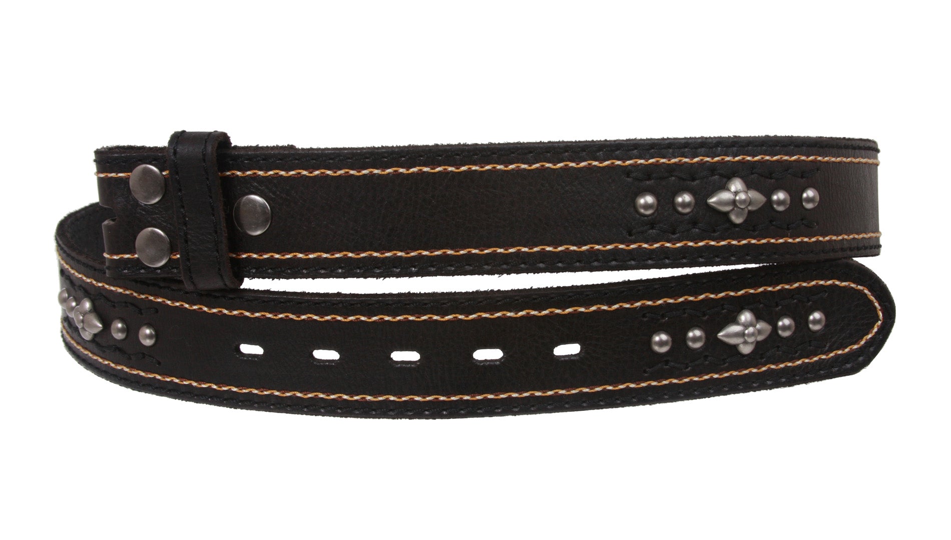 Snap On Stitching-Edged Floral Riveted Studs Cowhide Leather Casual Jean Belt - OnlineBelts