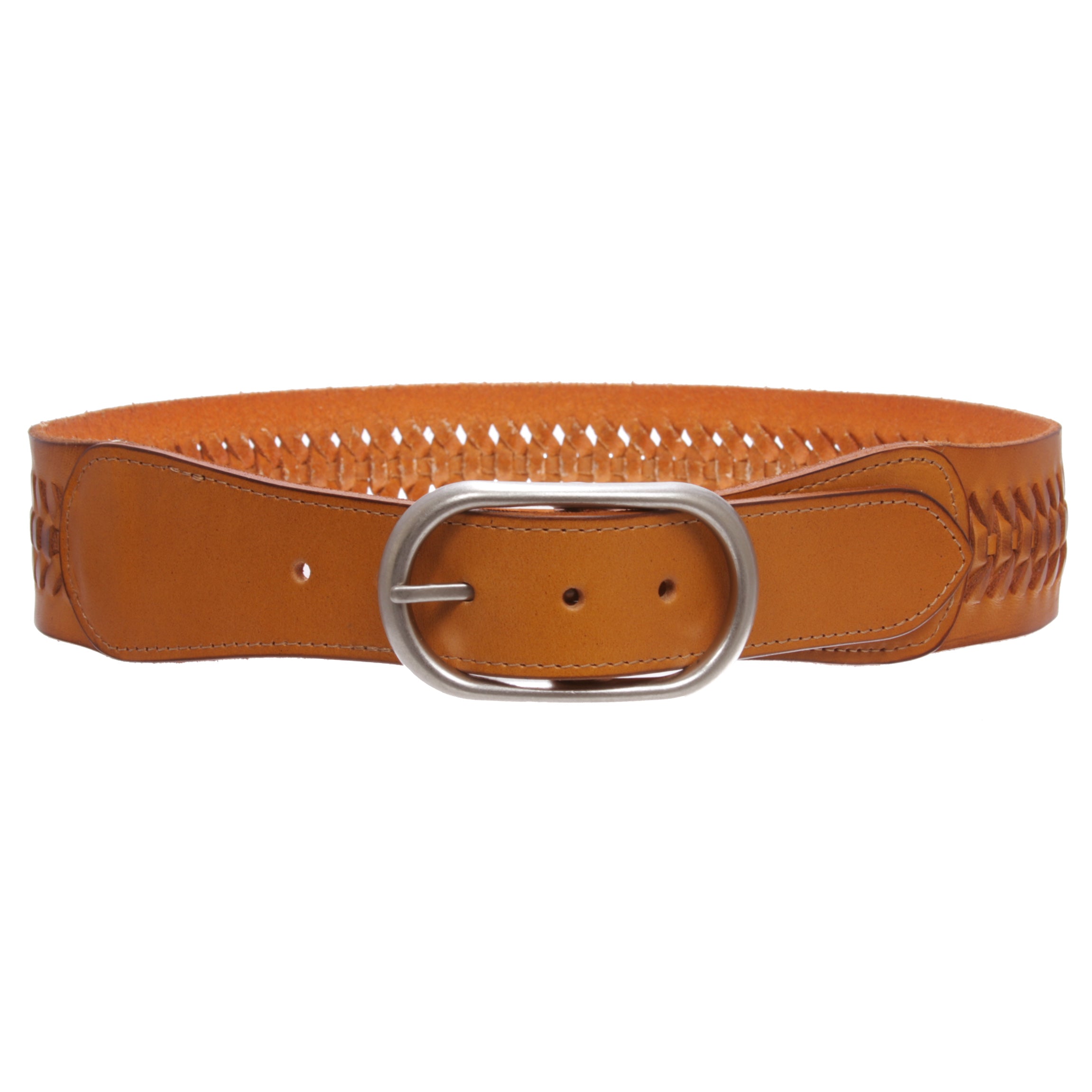 2" Wide High Waist Braided Woven Full Grain Tapered Oval Leather Belt - OnlineBelts