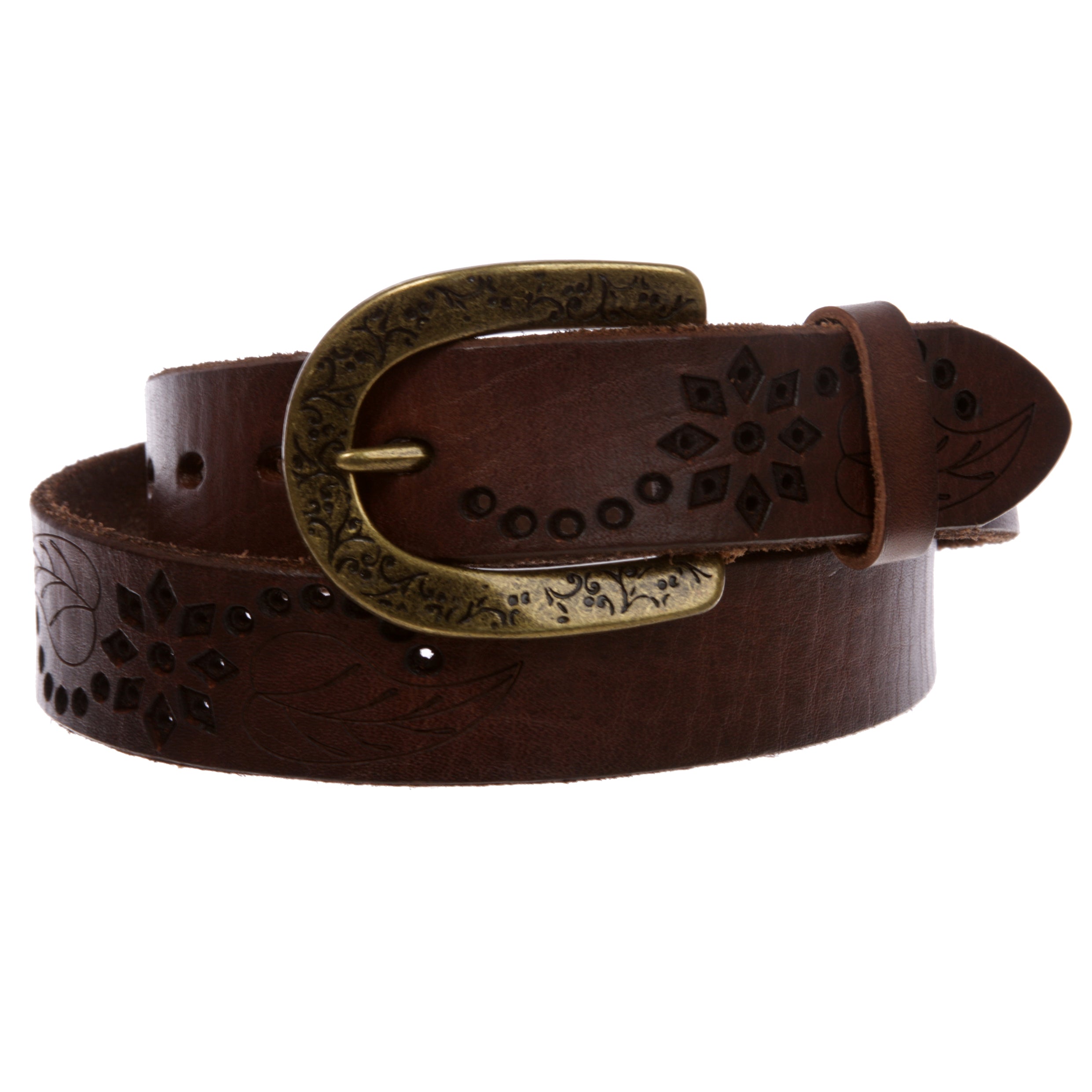 Snap On Soft Vintage Cowhide Full Grain Leather Floral Perforated Casual Belt - OnlineBelts