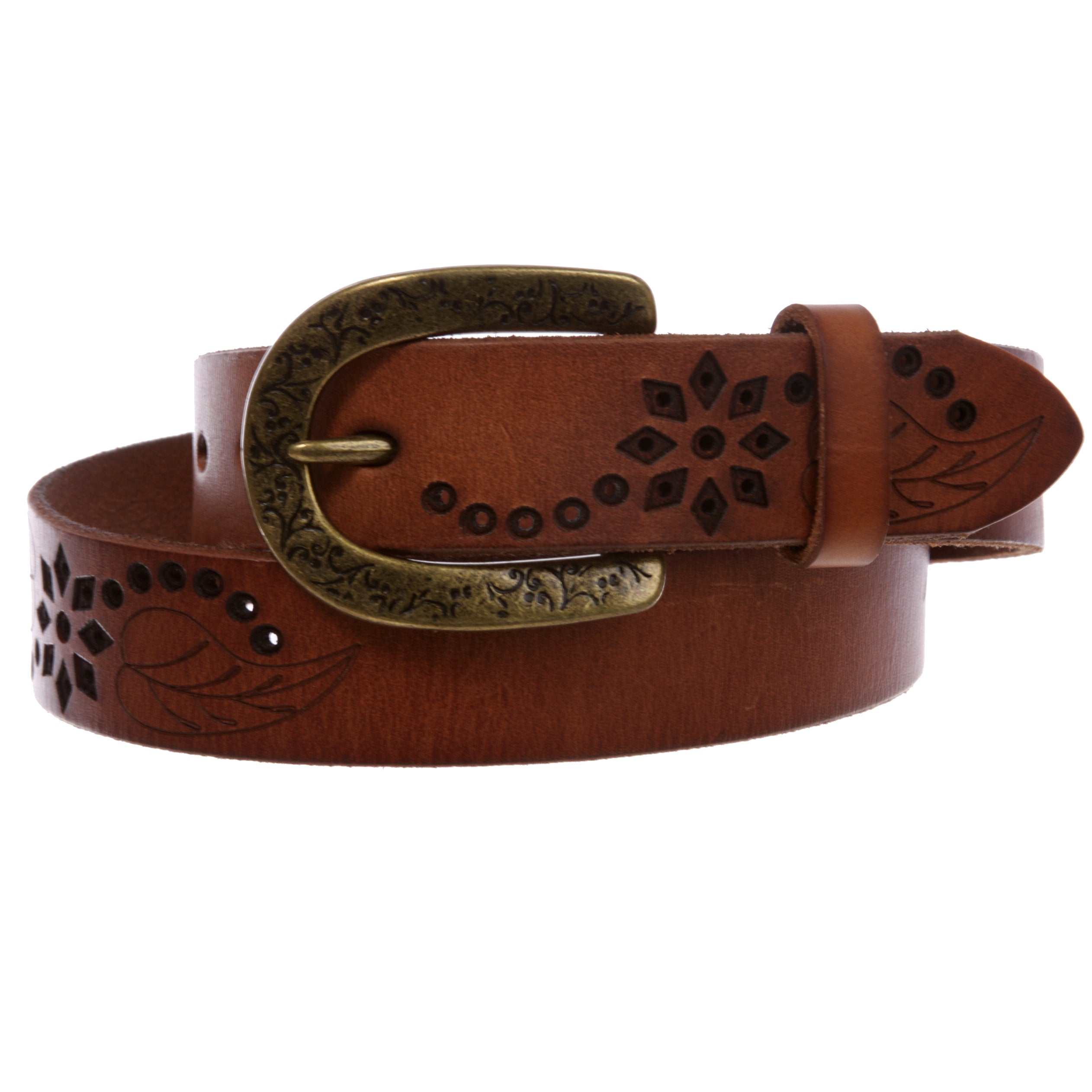 Snap On Soft Vintage Cowhide Full Grain Leather Floral Perforated Casual Belt - OnlineBelts