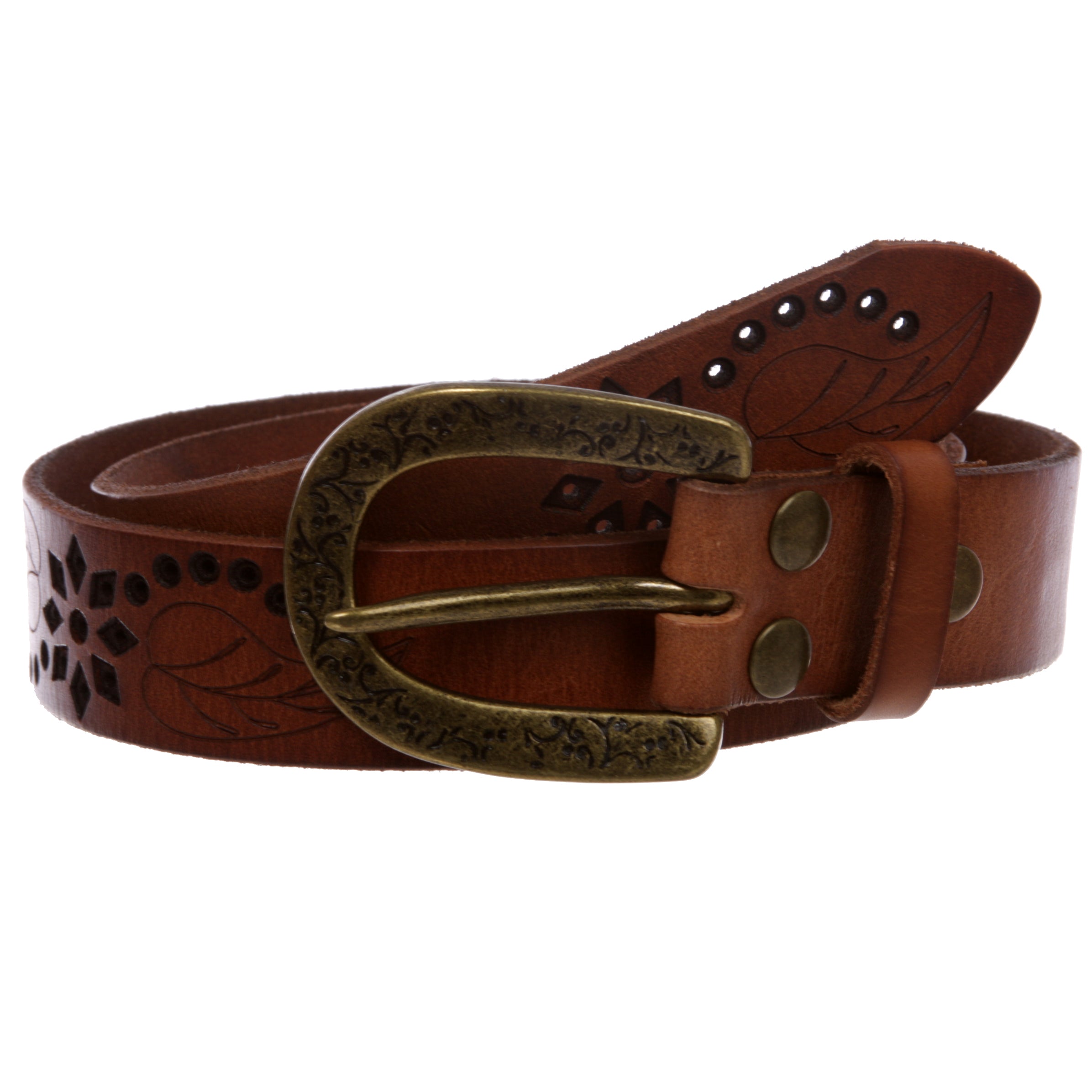 Snap On Soft Vintage Cowhide Full Grain Leather Floral Perforated Casual Belt - OnlineBelts