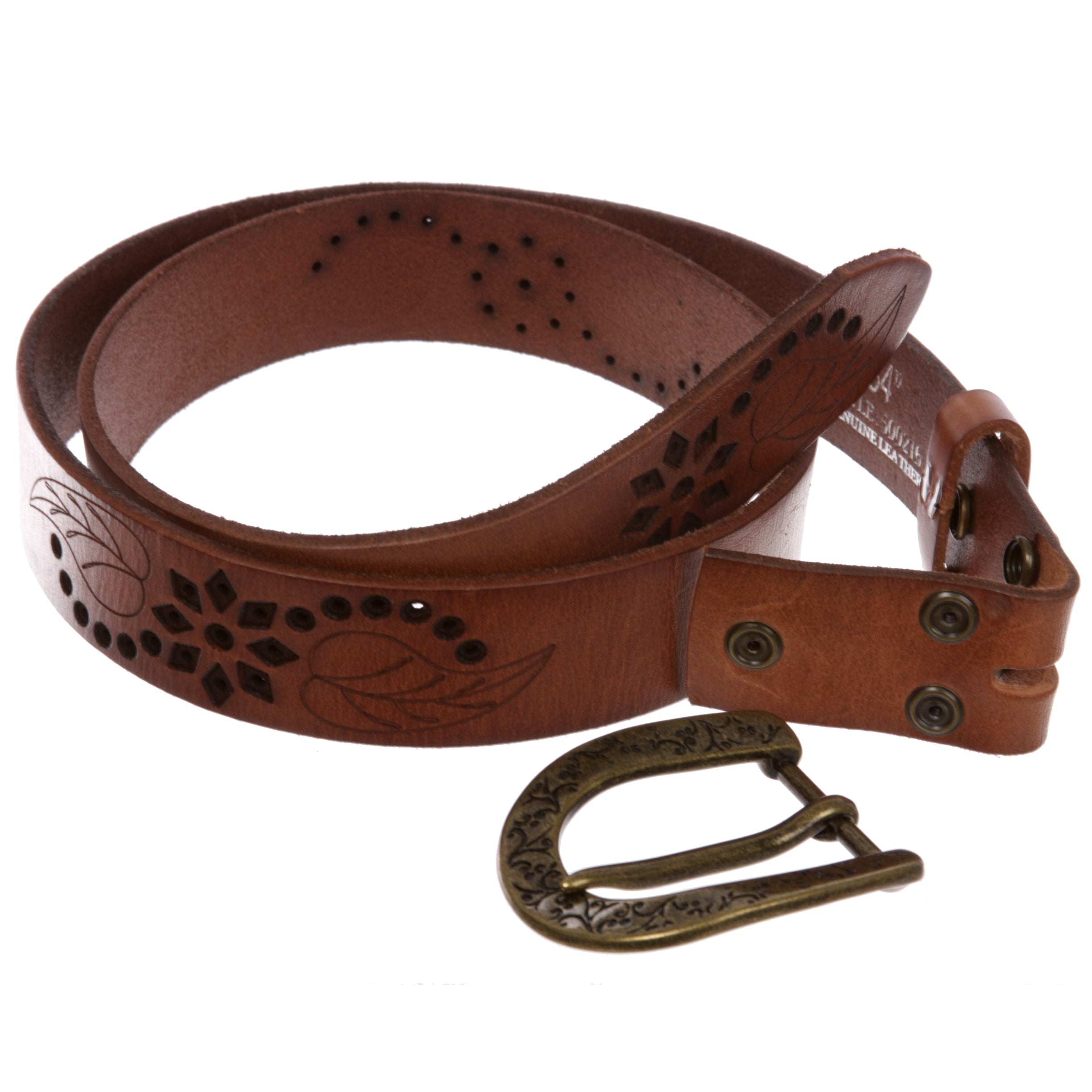 Snap On Soft Vintage Cowhide Full Grain Leather Floral Perforated Casual Belt - OnlineBelts