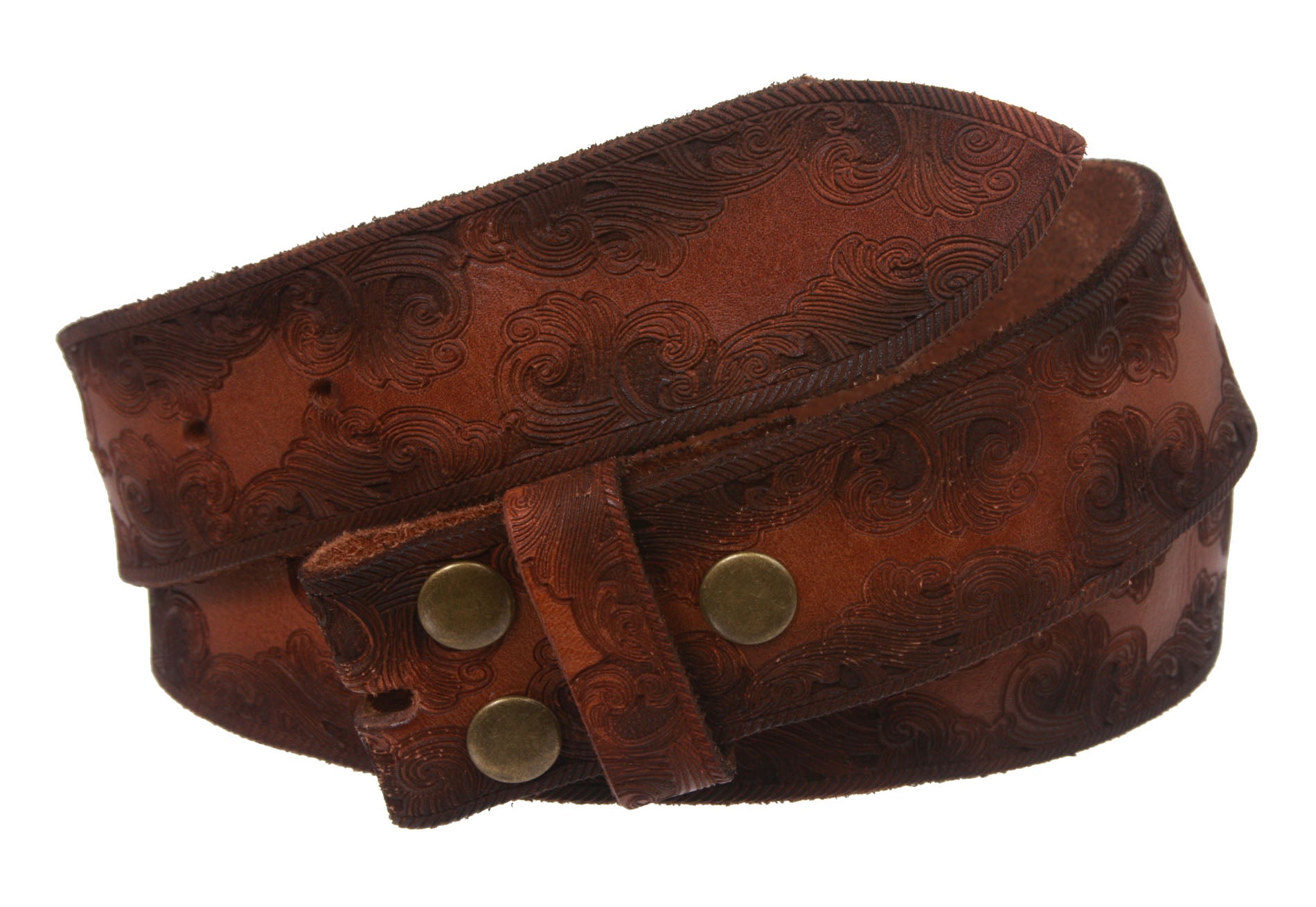 Snap On Soft Hand Floral Embossed Vintage CowhideLeather Belt Strap - OnlineBelts