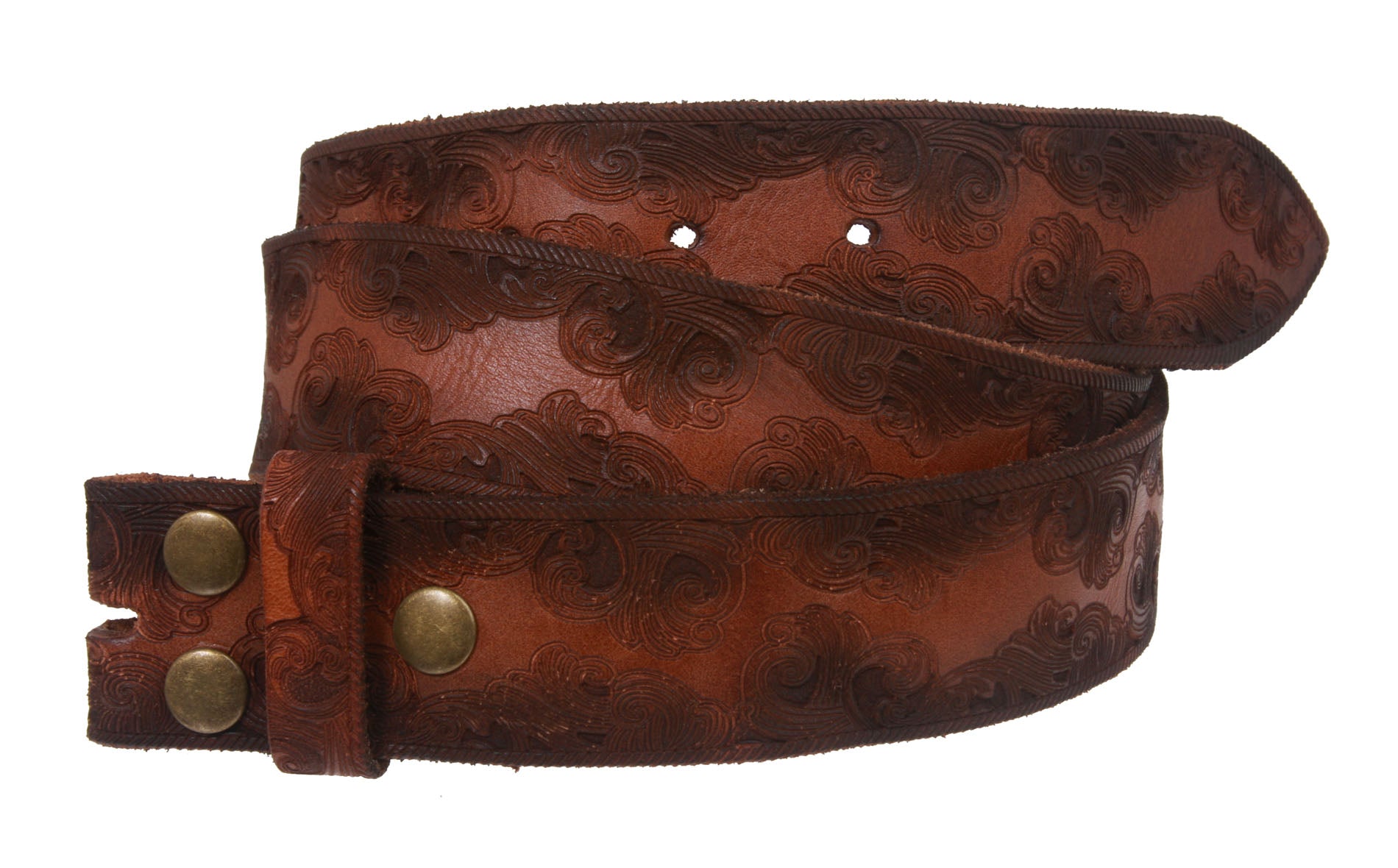 Snap On Soft Hand Floral Embossed Vintage CowhideLeather Belt Strap - OnlineBelts