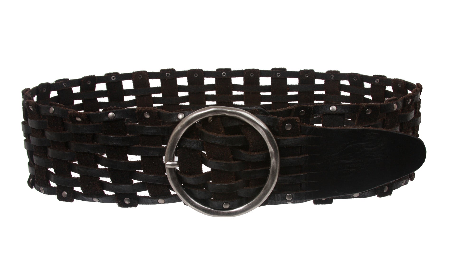 Women's 3" Wide Perforated Waist Braided Woven Solid Vintage Leather Round Belt - OnlineBelts