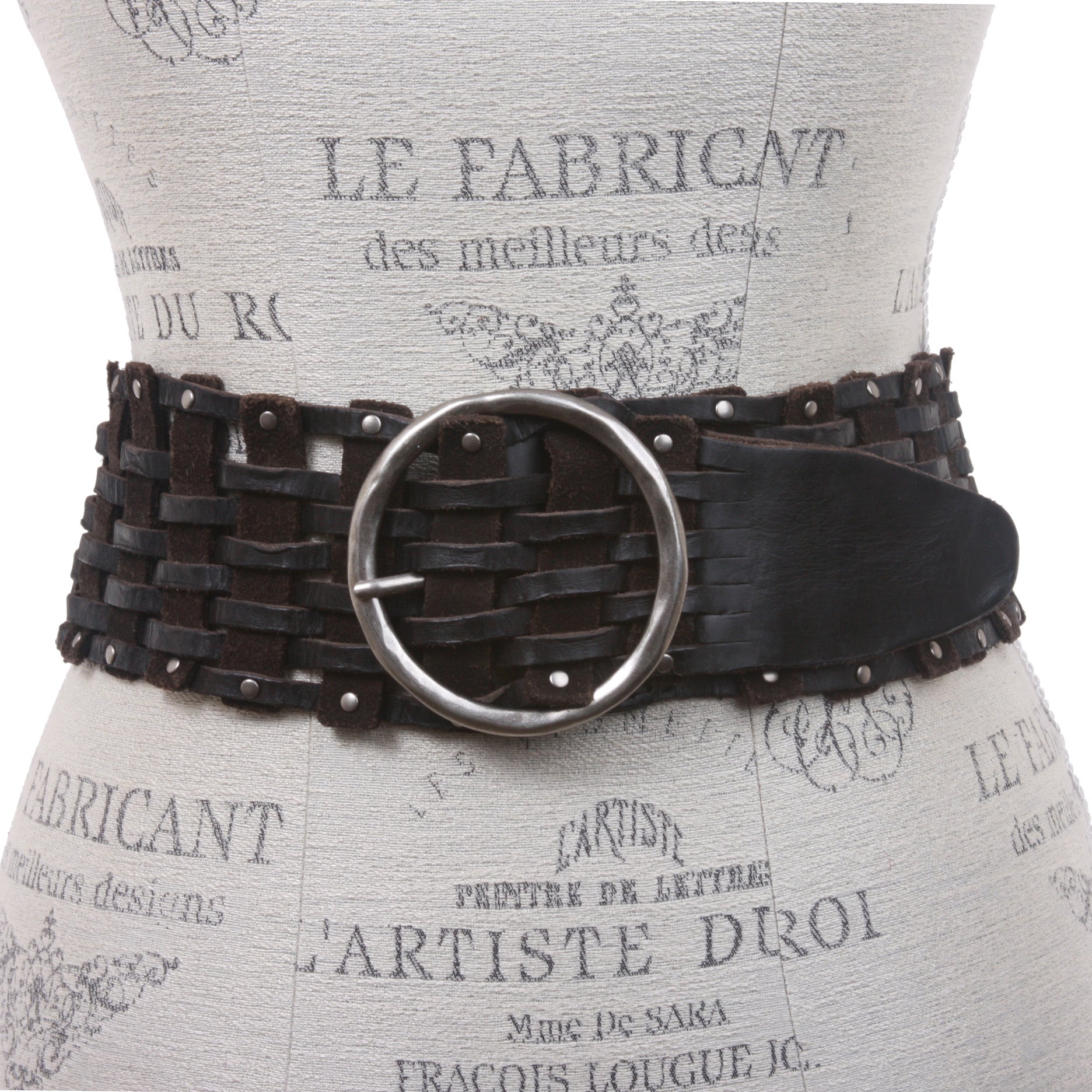 Women's 3" Wide Perforated Waist Braided Woven Solid Vintage Leather Round Belt - OnlineBelts