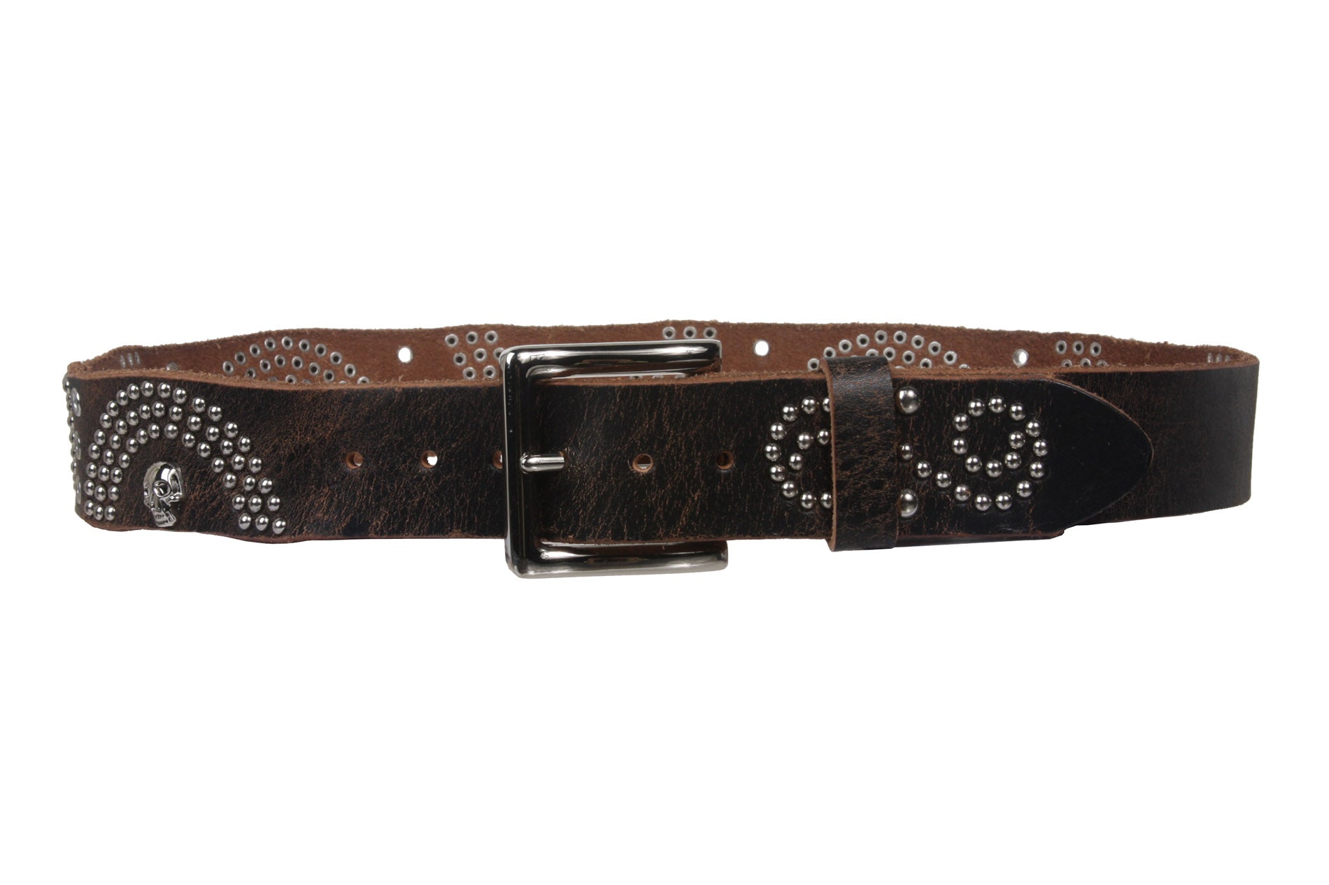 1 1/2" Snap On  Skull Metal Studded Distressed Leather Belt