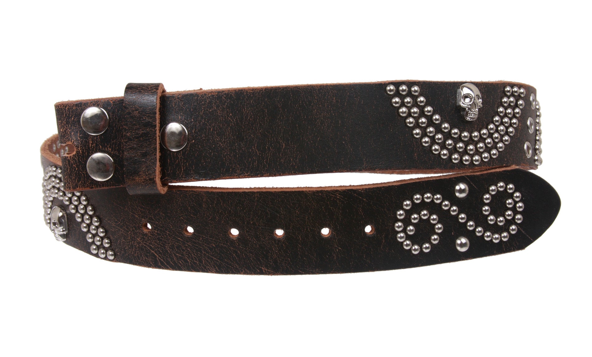 1 1/2" Snap On  Skull Metal Studded Distressed Leather Belt