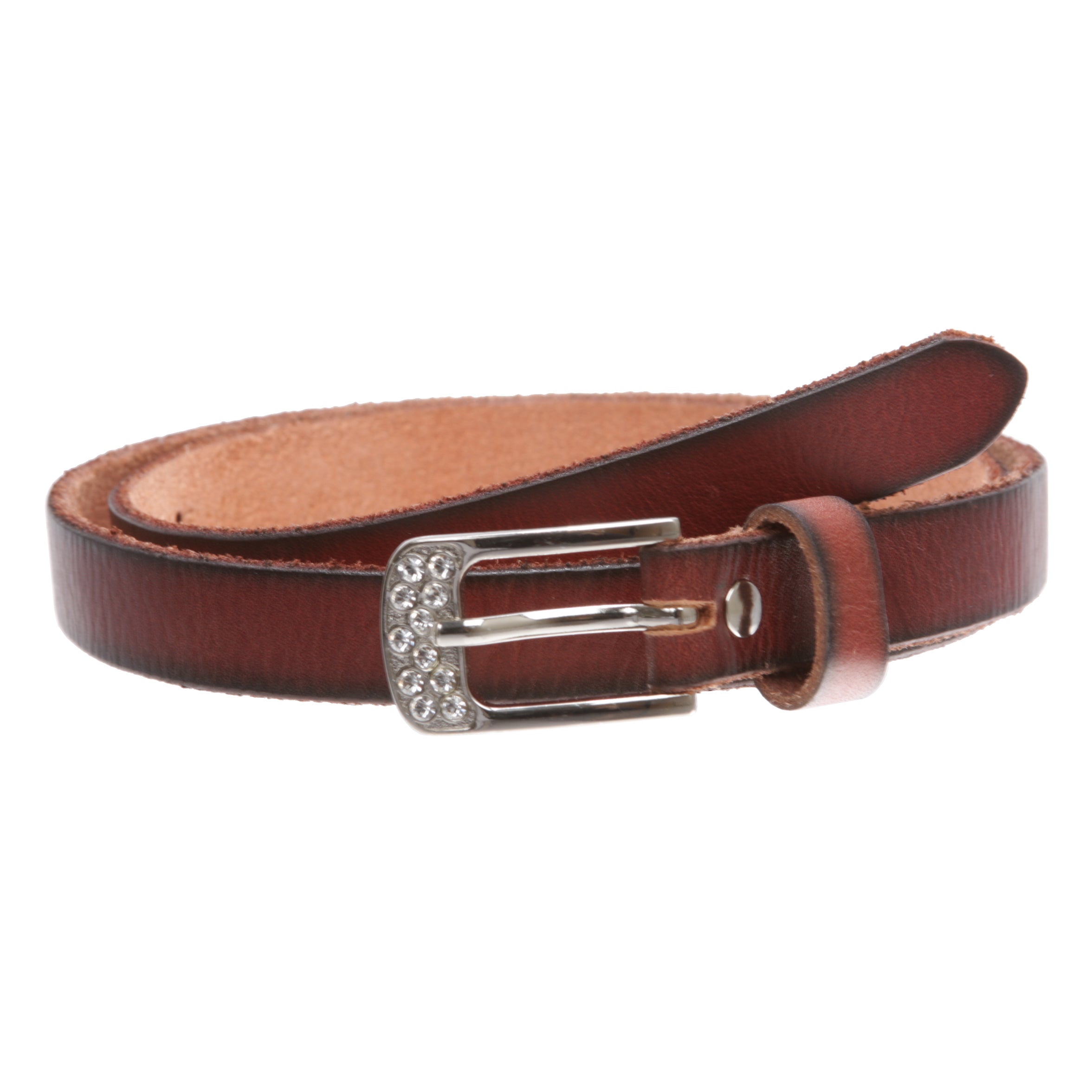 Womens 3/4" (19mm) Skinny Rhinestone Vintage Cowhide Leather Dress Casual Belt - OnlineBelts