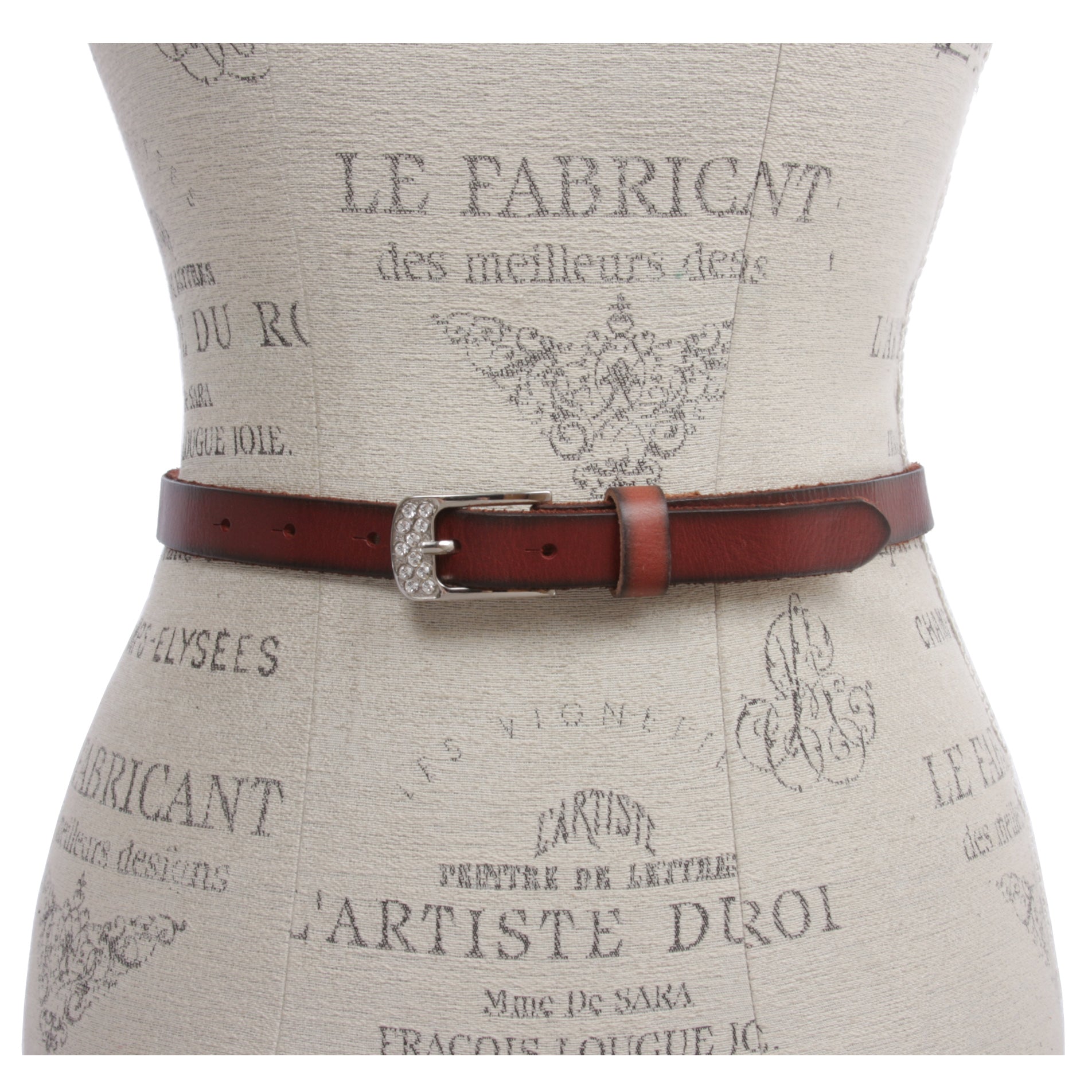 Womens 3/4" (19mm) Skinny Rhinestone Vintage Cowhide Leather Dress Casual Belt - OnlineBelts