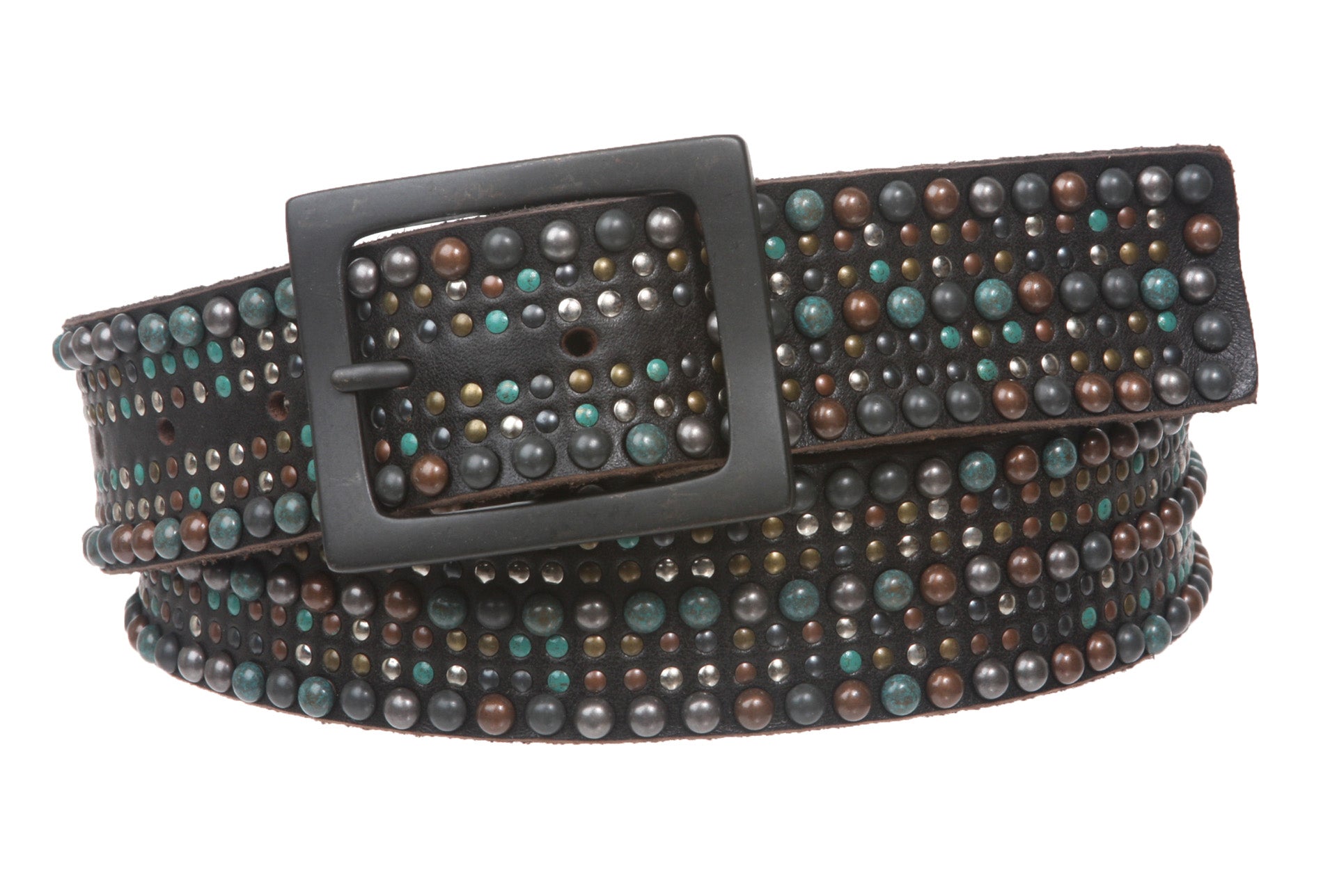 Snap On Tiny Multiple Turquoise Rivet Circle Studded Leather Jean Belt - OnlineBelts