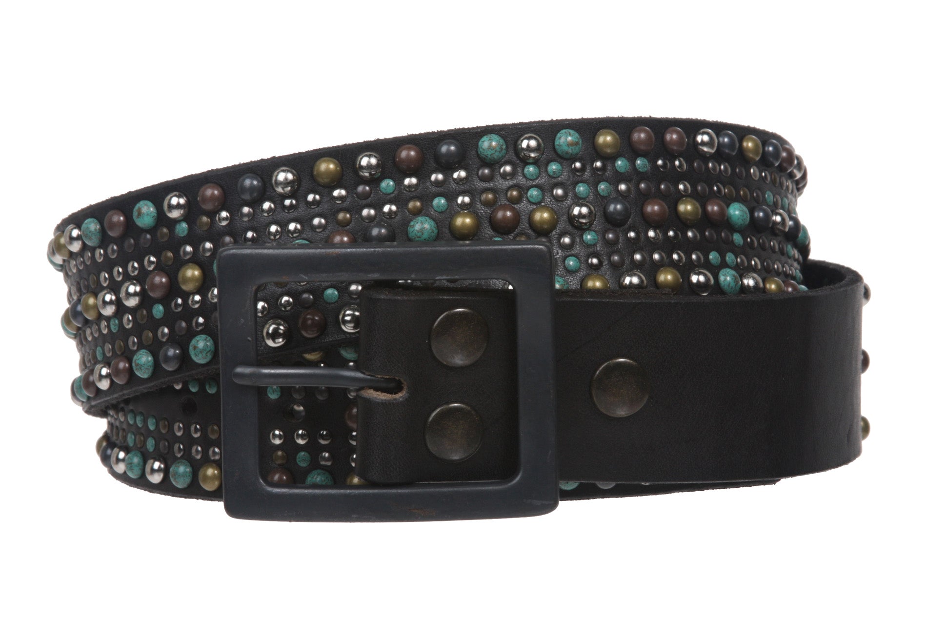 Snap On Tiny Multiple Turquoise Rivet Circle Studded Leather Jean Belt - OnlineBelts