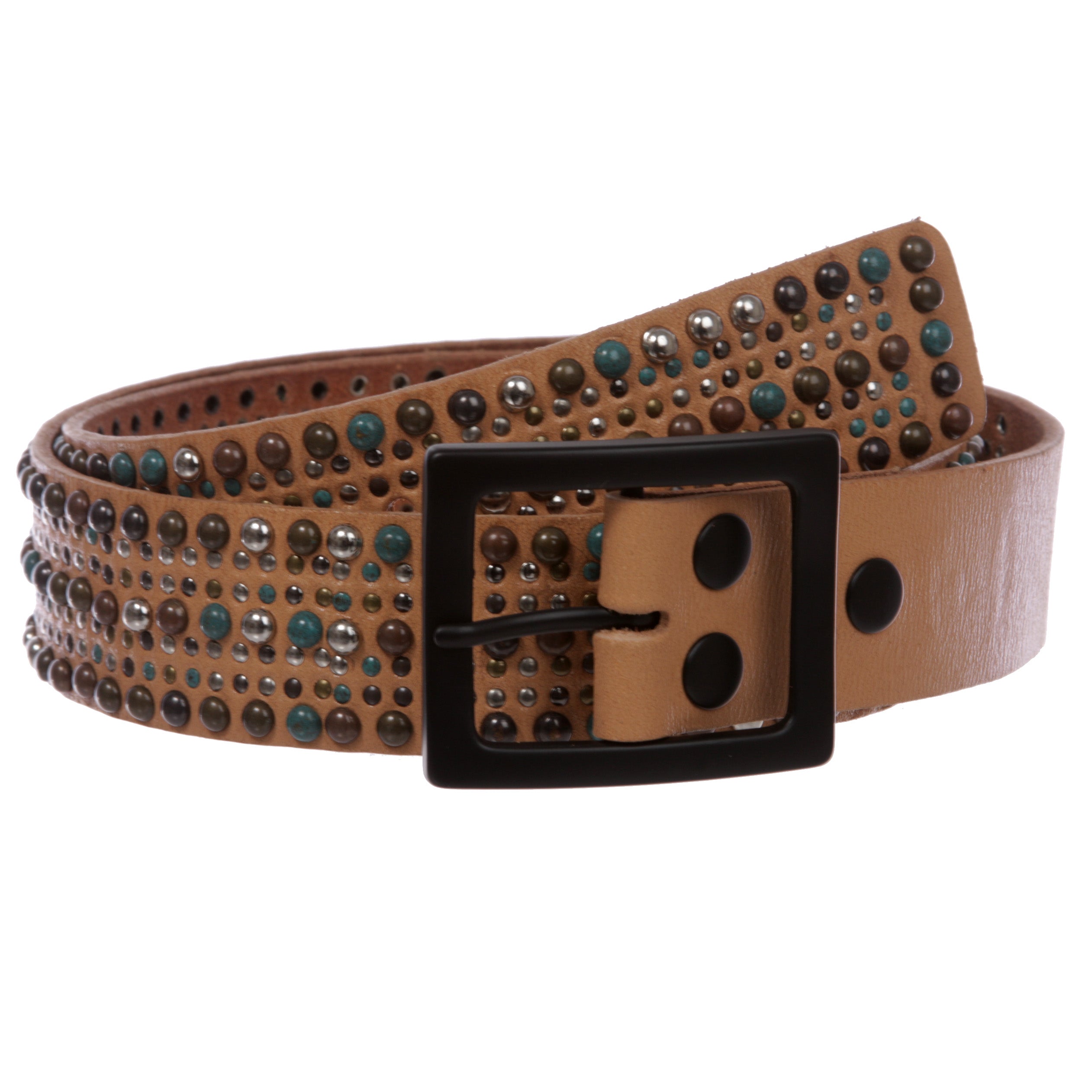 Snap On Tiny Multiple Turquoise Rivet Circle Studded Leather Jean Belt - OnlineBelts