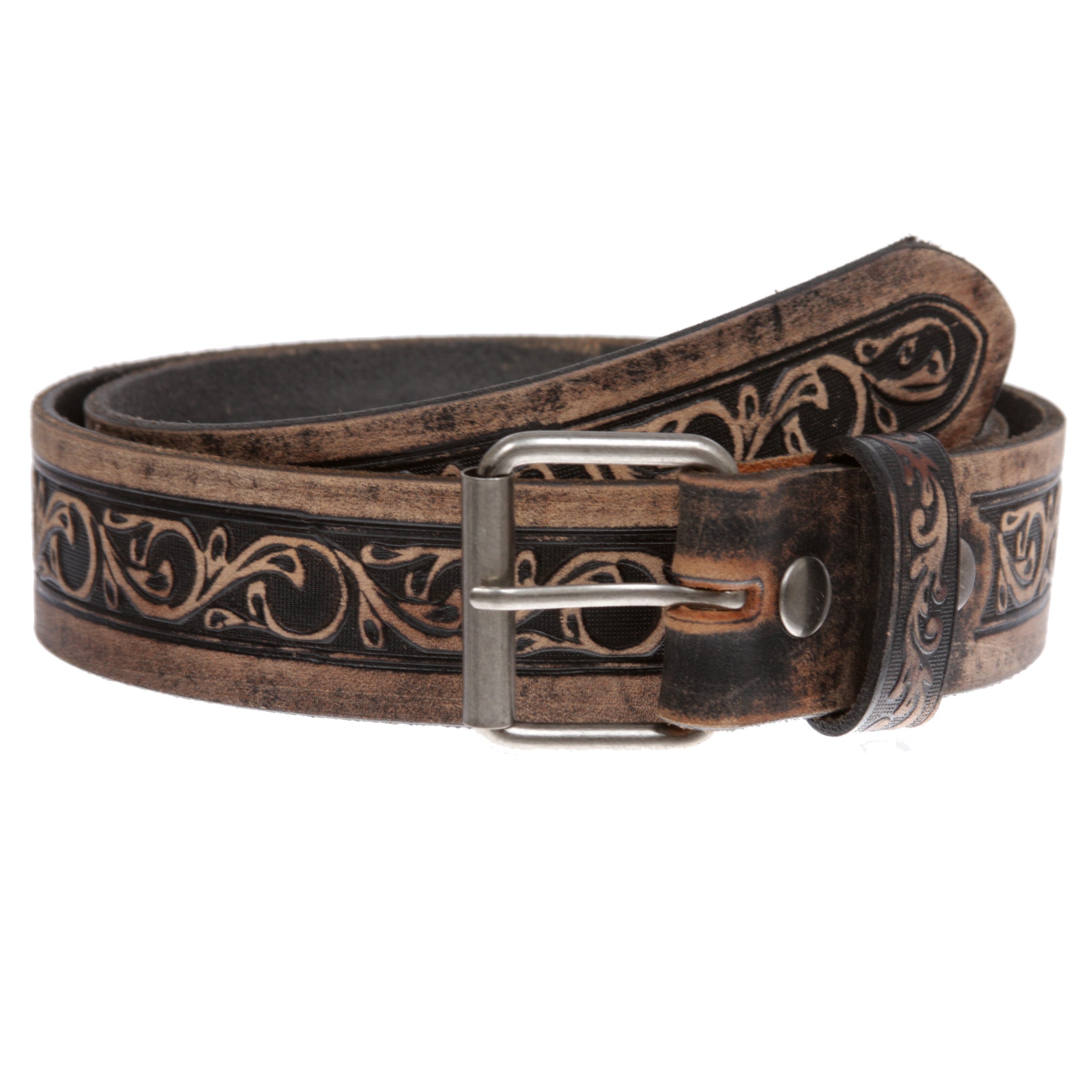 Two Tone Embossed Detailing Sanding Soft Hand Vintage Cowhide Leather Belt - OnlineBelts