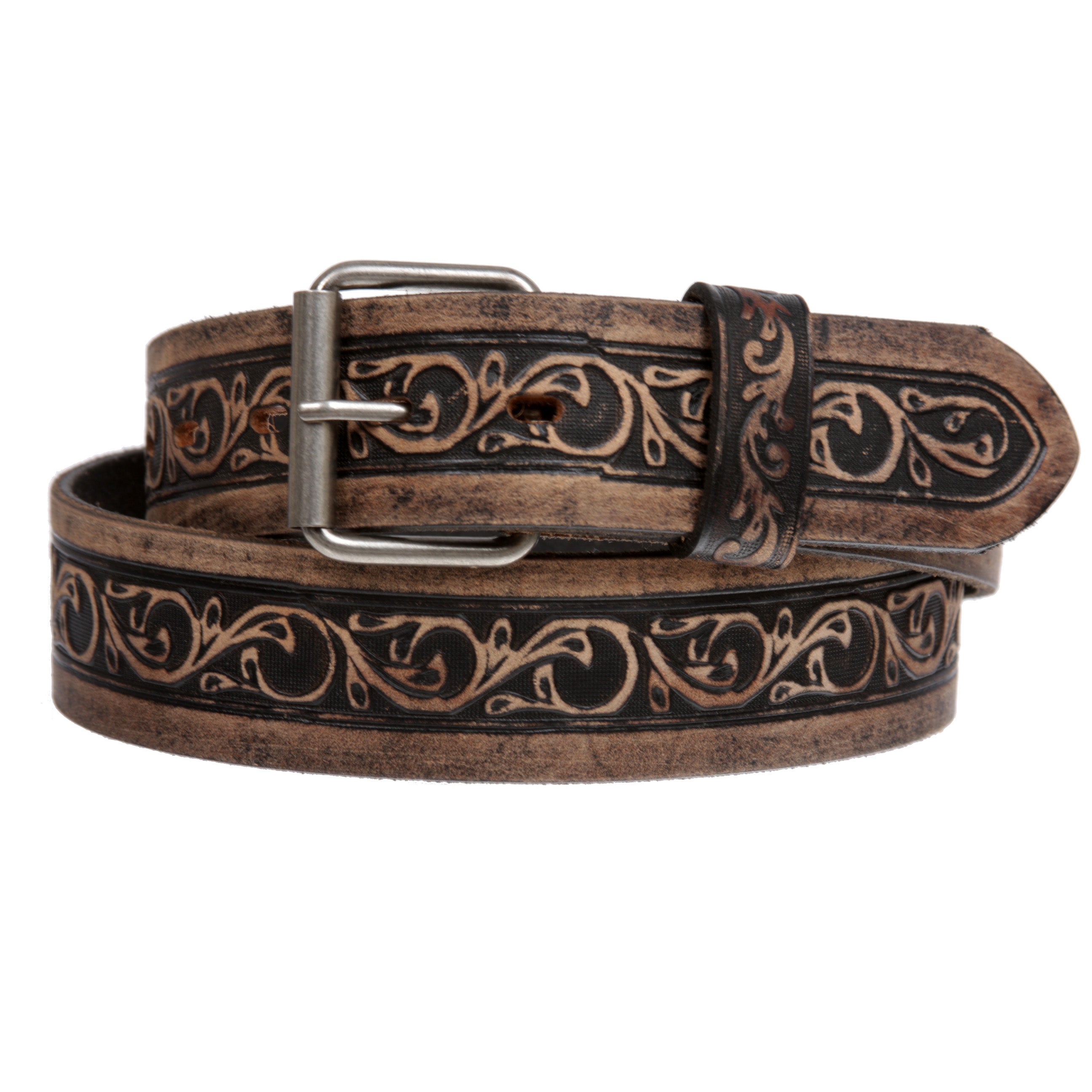 Two Tone Embossed Detailing Sanding Soft Hand Vintage Cowhide Leather Belt - OnlineBelts