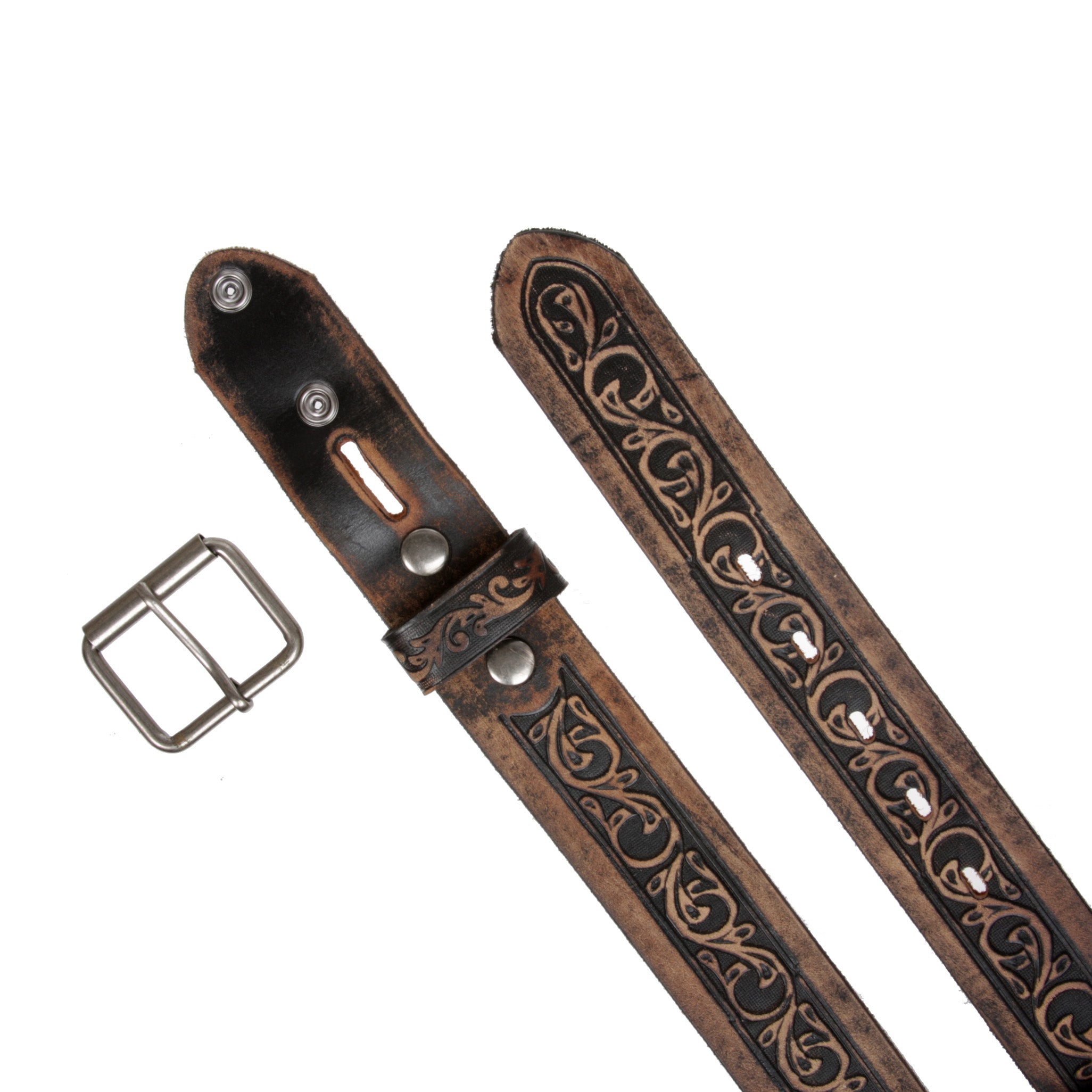 Two Tone Embossed Detailing Sanding Soft Hand Vintage Cowhide Leather Belt - OnlineBelts