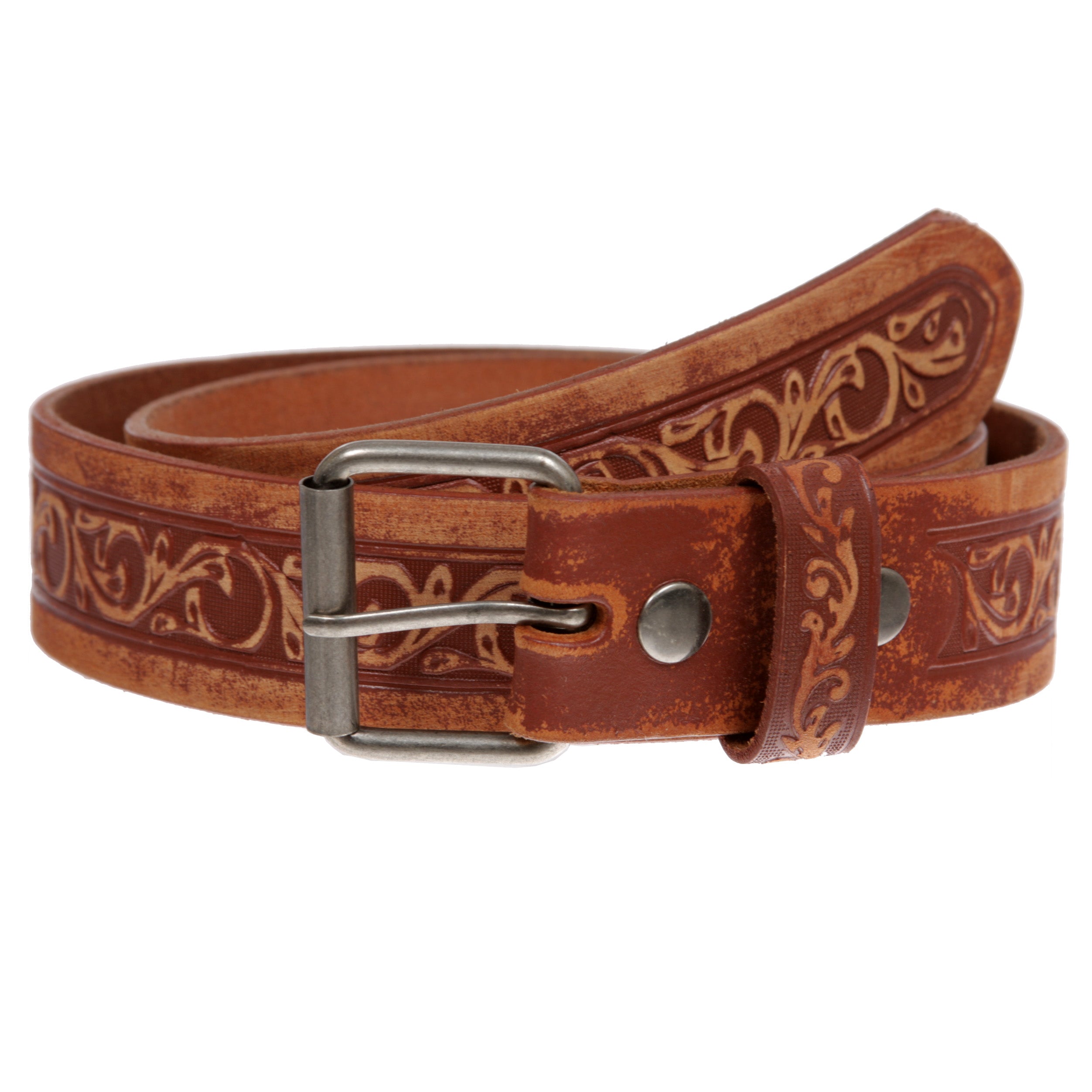 Two Tone Embossed Detailing Sanding Soft Hand Vintage Cowhide Leather Belt - OnlineBelts