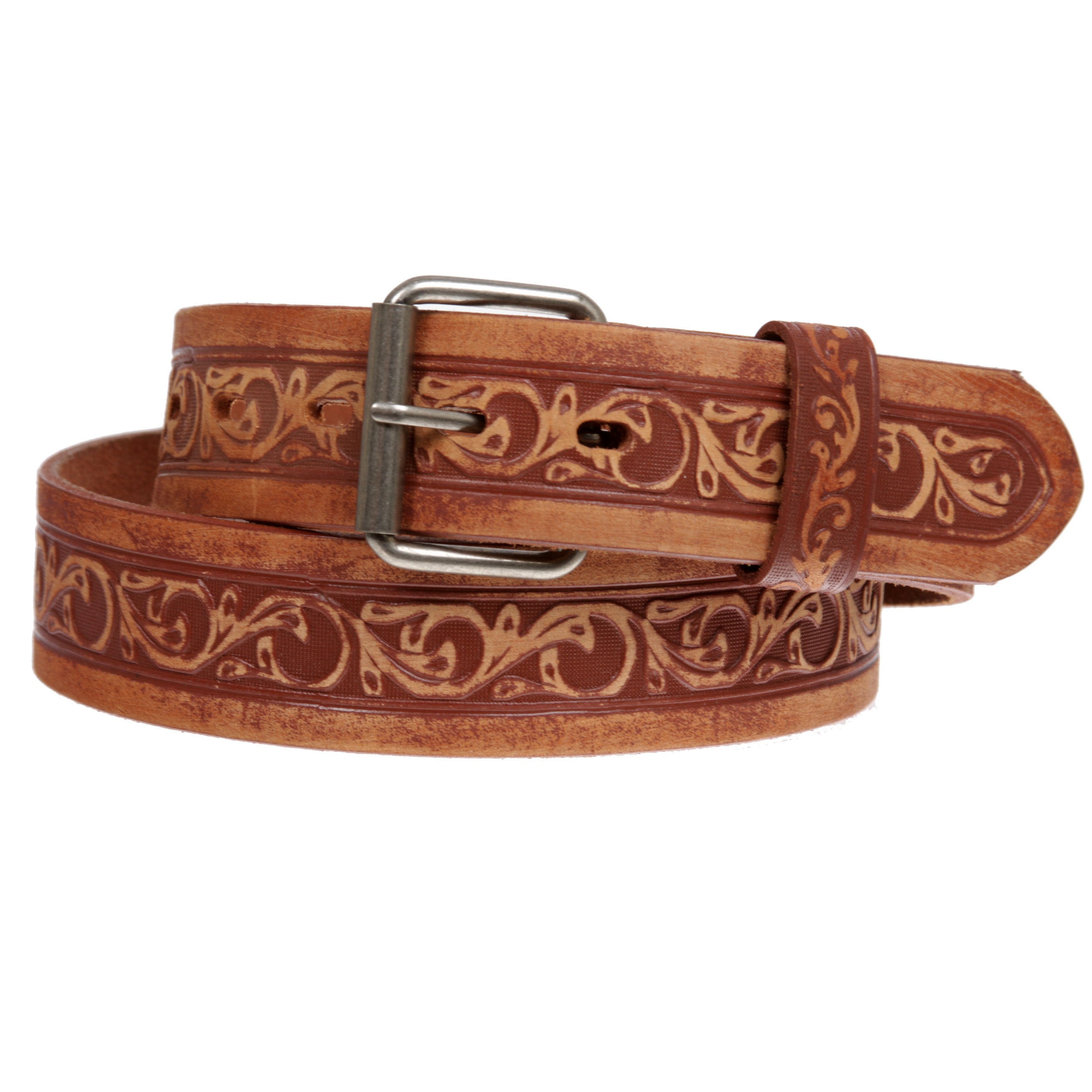 Two Tone Embossed Detailing Sanding Soft Hand Vintage Cowhide Leather Belt - OnlineBelts