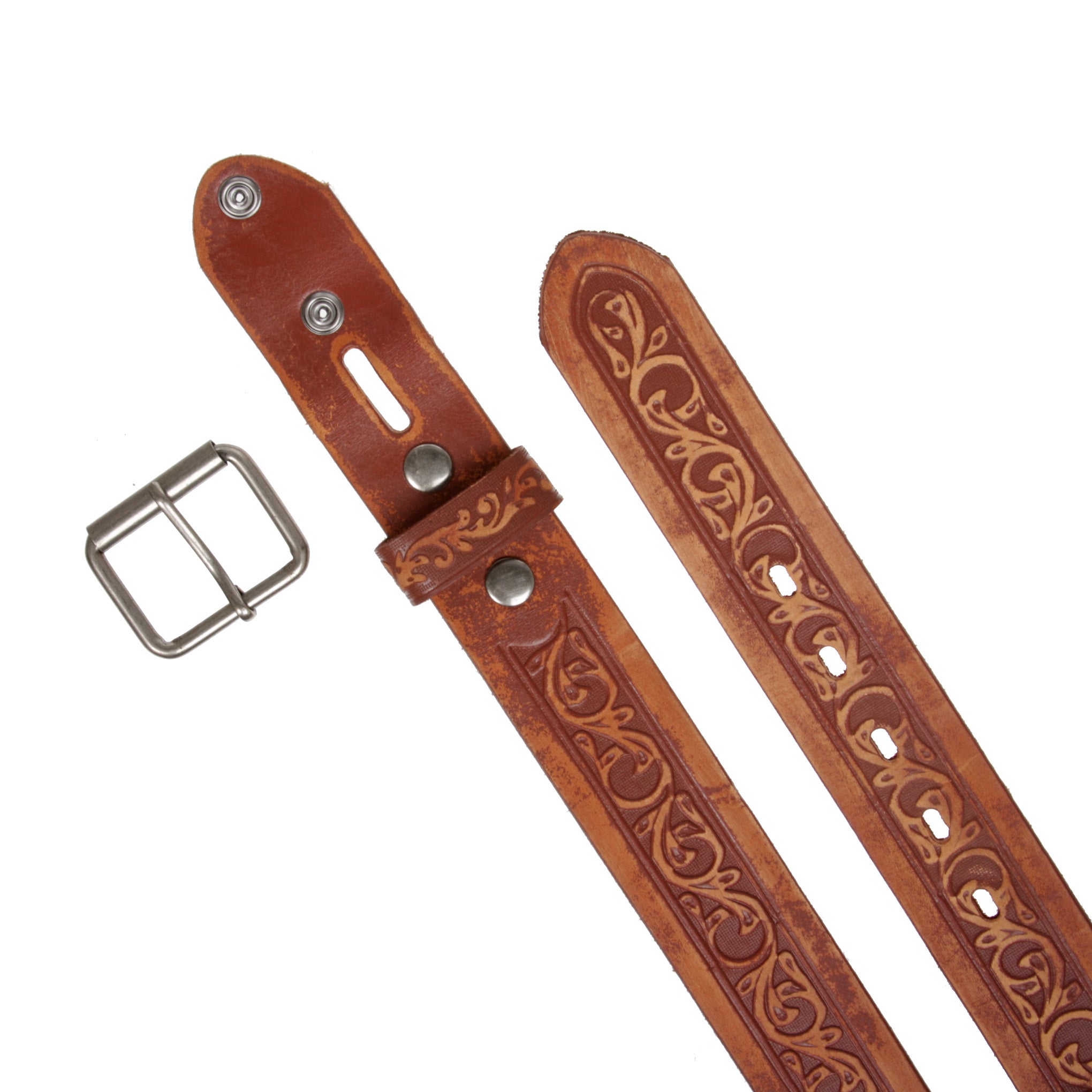 Two Tone Embossed Detailing Sanding Soft Hand Vintage Cowhide Leather Belt - OnlineBelts