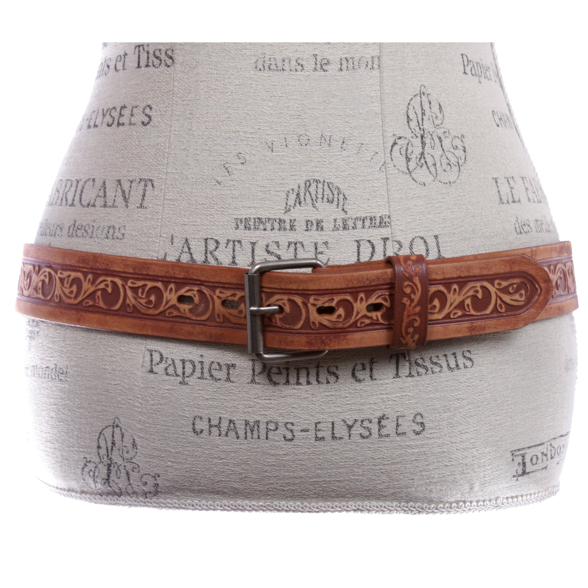 Two Tone Embossed Detailing Sanding Soft Hand Vintage Cowhide Leather Belt - OnlineBelts