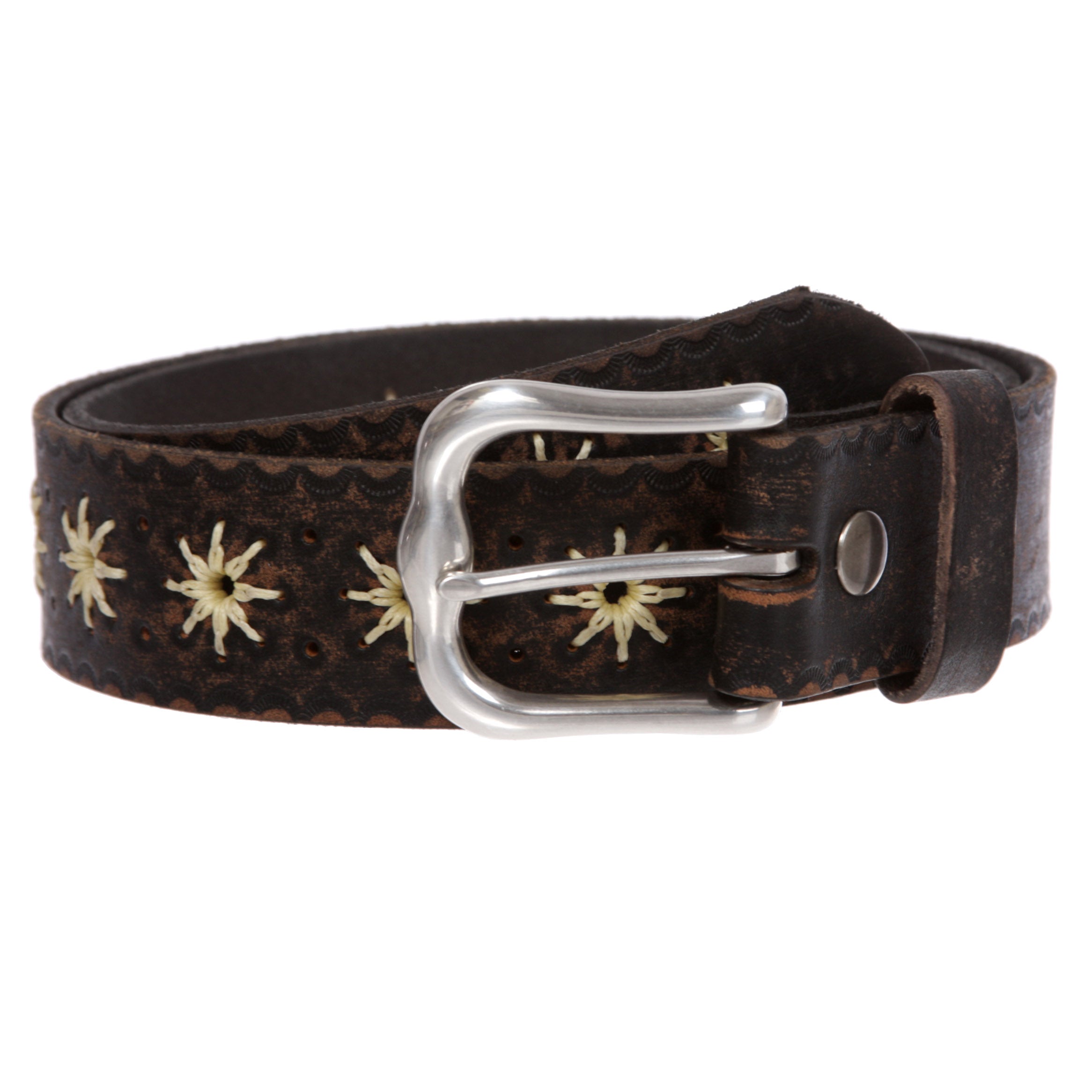 1 1/2" (38 mm) Snap on Western Vintage Embossed Sunflower Leather Belt - OnlineBelts