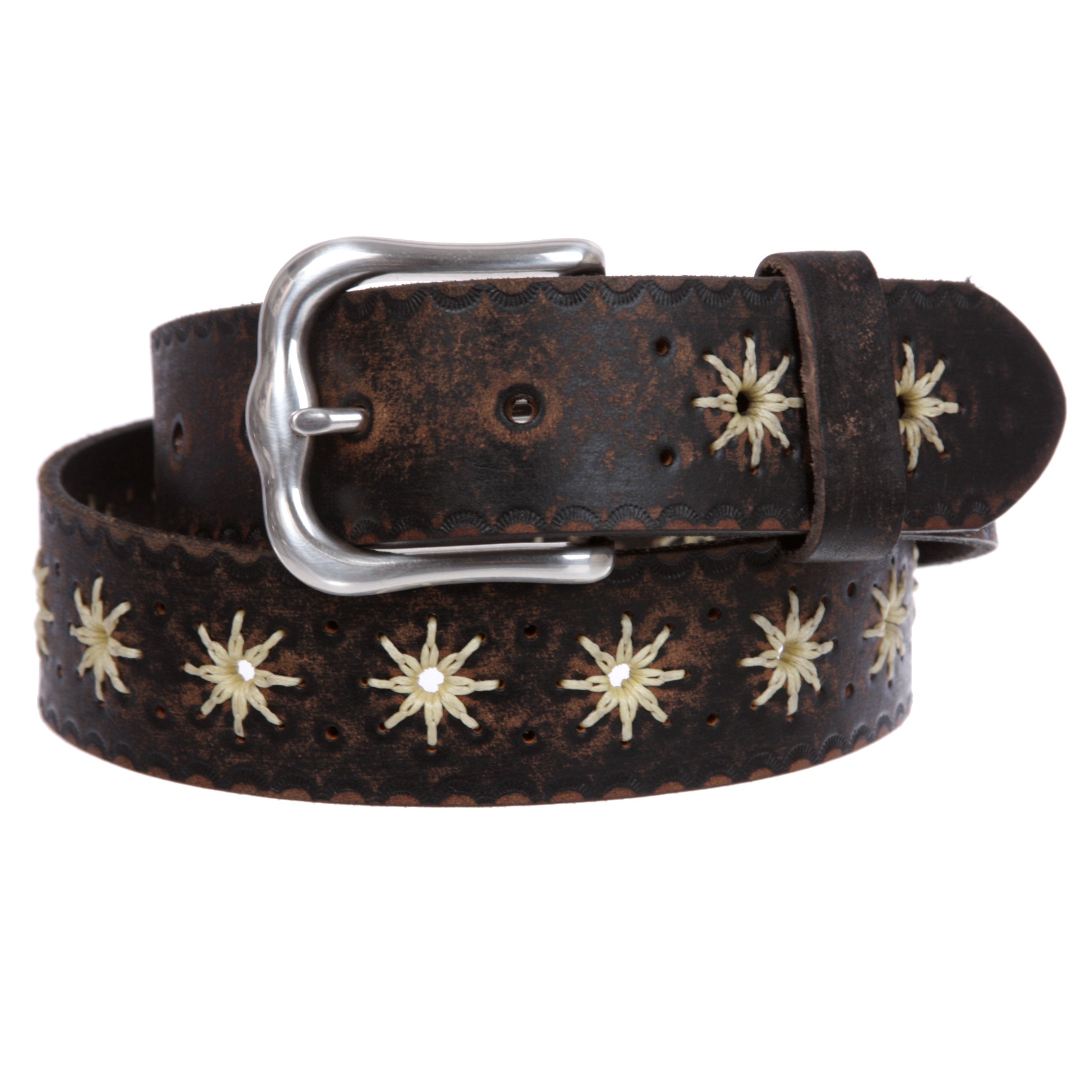 1 1/2" (38 mm) Snap on Western Vintage Embossed Sunflower Leather Belt - OnlineBelts