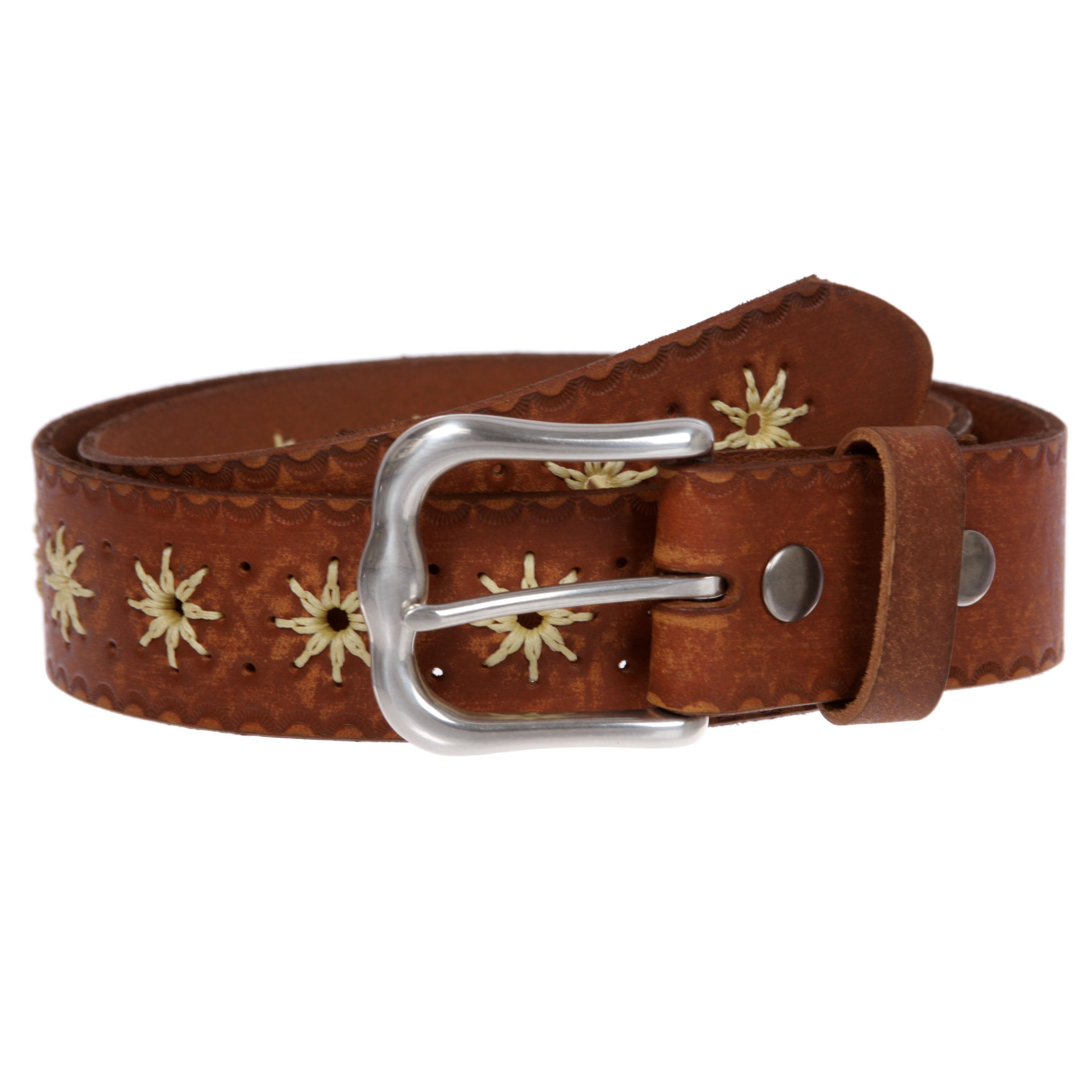 1 1/2" (38 mm) Snap on Western Vintage Embossed Sunflower Leather Belt - OnlineBelts