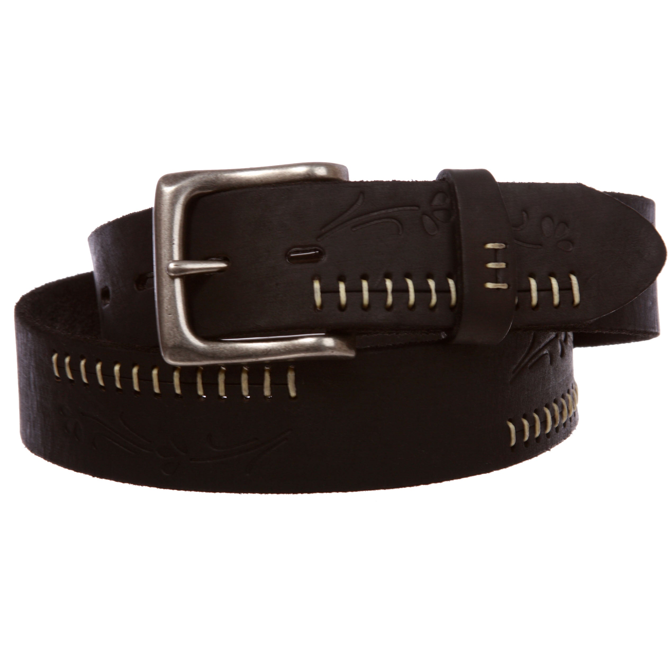 Snap On Floral Embossed Stitching Full Grain Leather Belt - OnlineBelts
