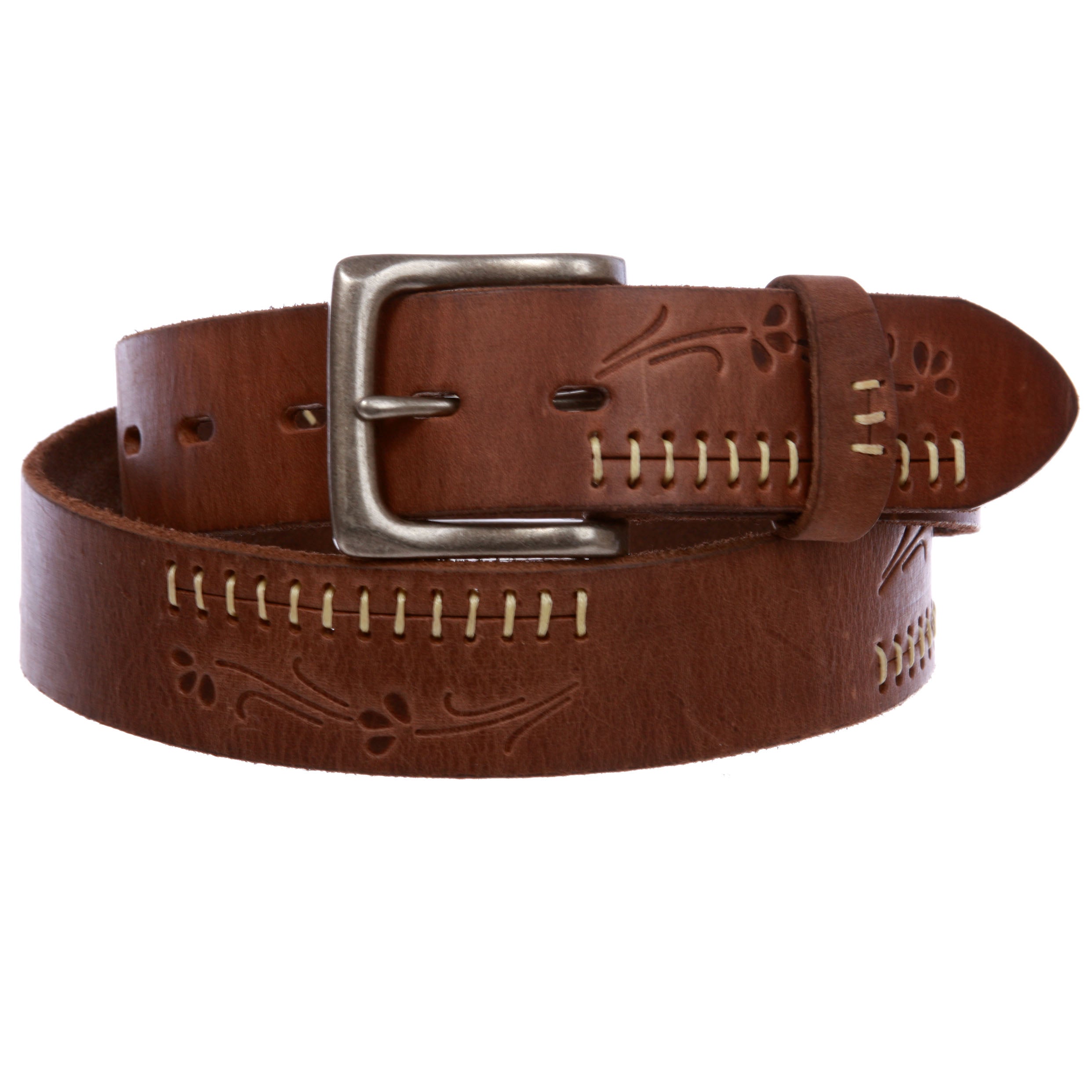 Snap On Floral Embossed Stitching Full Grain Leather Belt - OnlineBelts