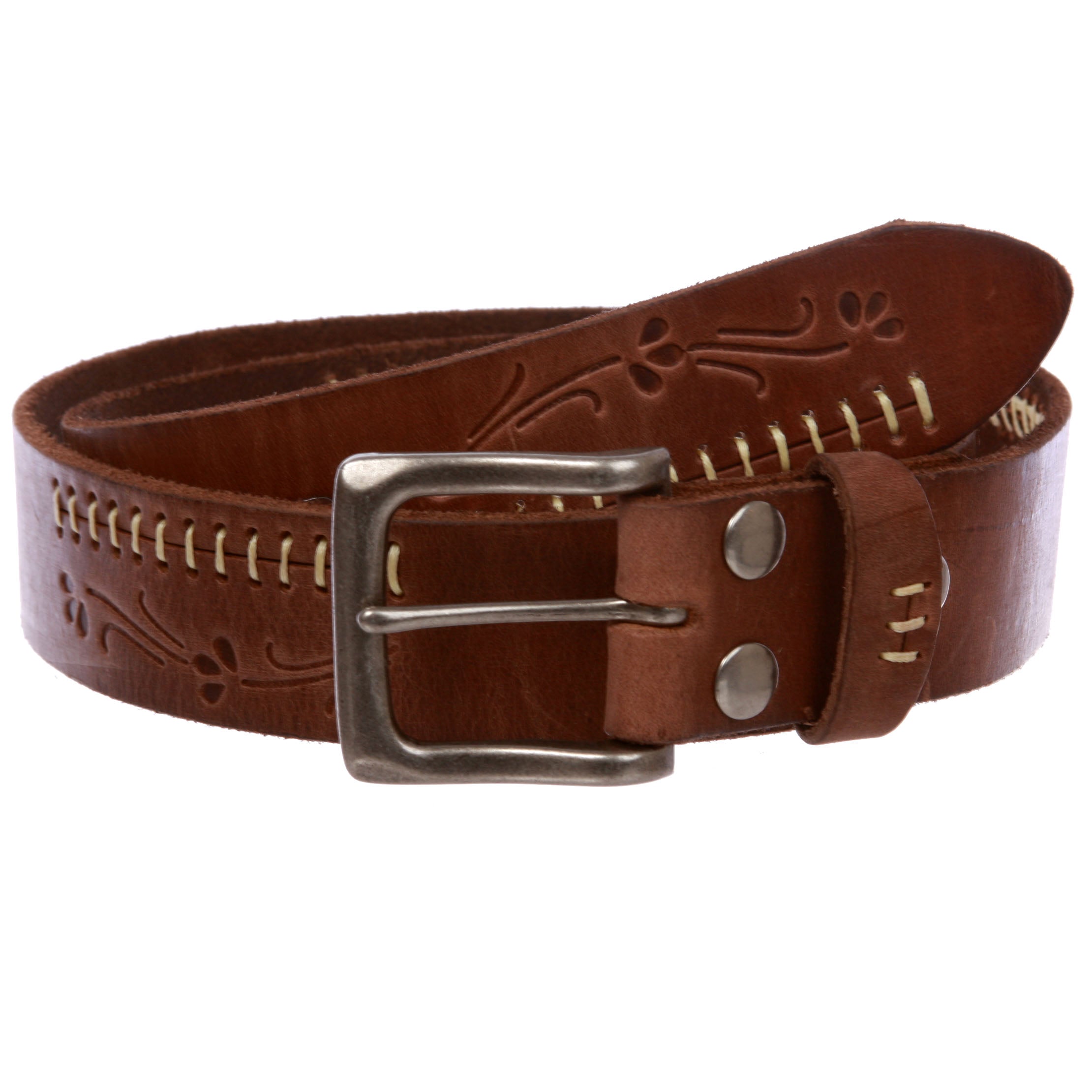 Snap On Floral Embossed Stitching Full Grain Leather Belt - OnlineBelts