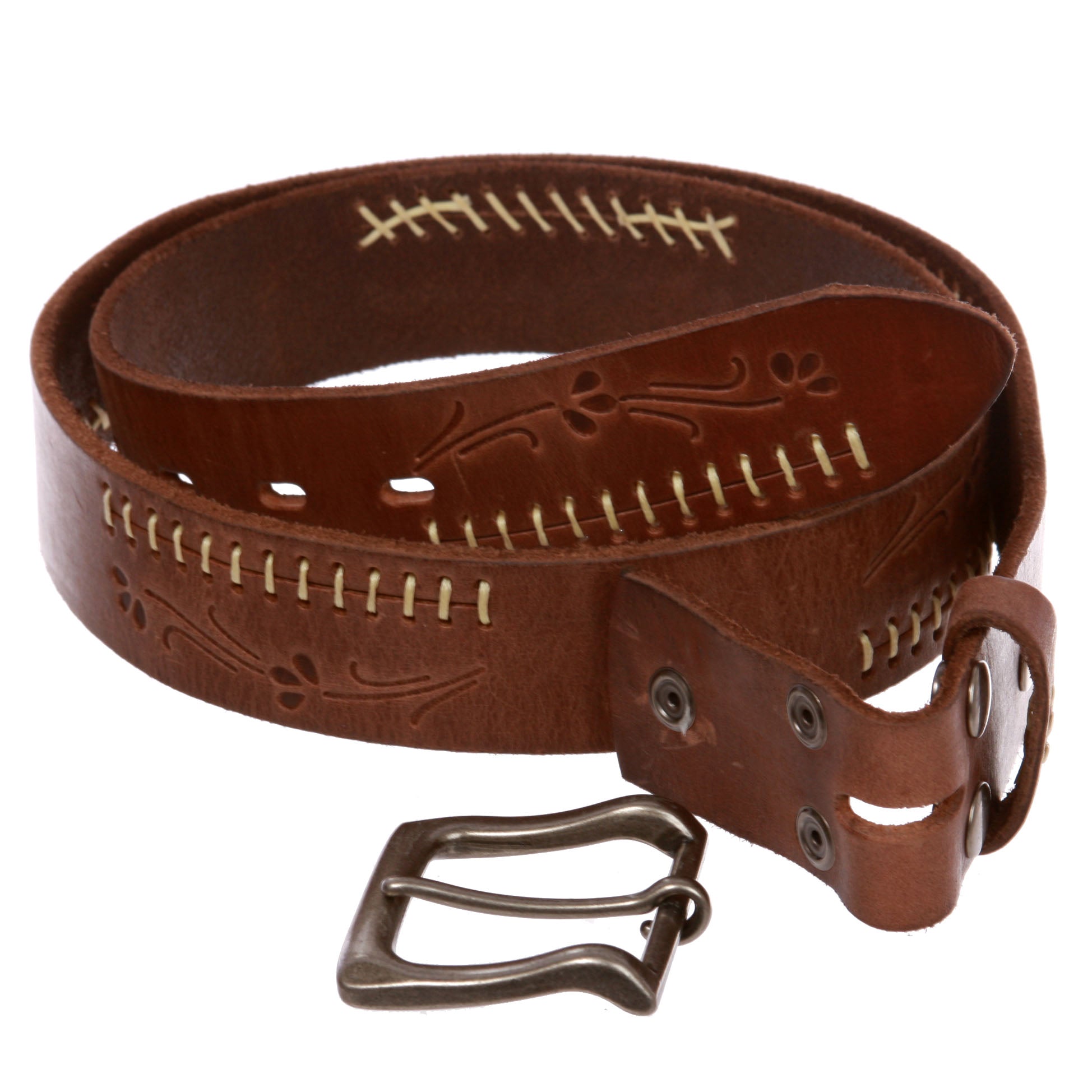 Snap On Floral Embossed Stitching Full Grain Leather Belt - OnlineBelts