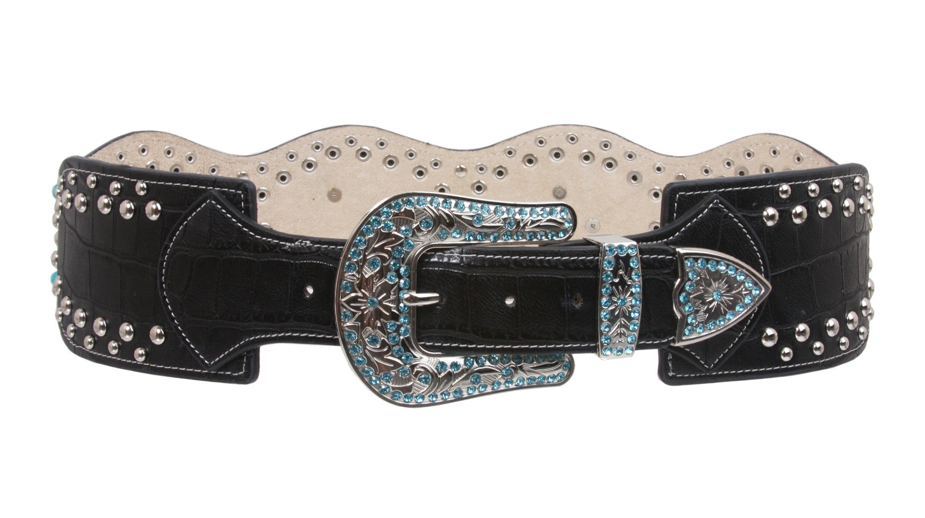 Women's High Waist Alligator Cowgirl Rhinestone Turquoise Leather Belt - OnlineBelts