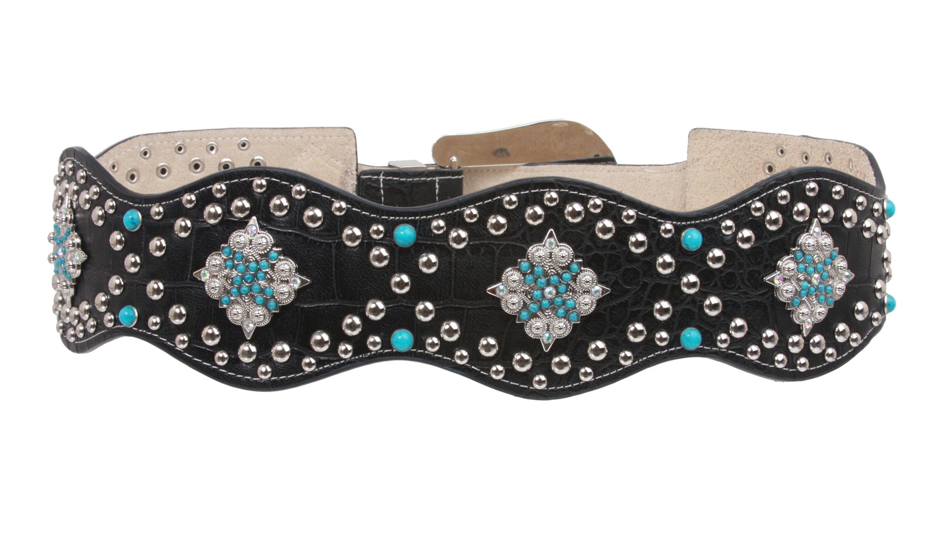 Women's High Waist Alligator Cowgirl Rhinestone Turquoise Leather Belt - OnlineBelts