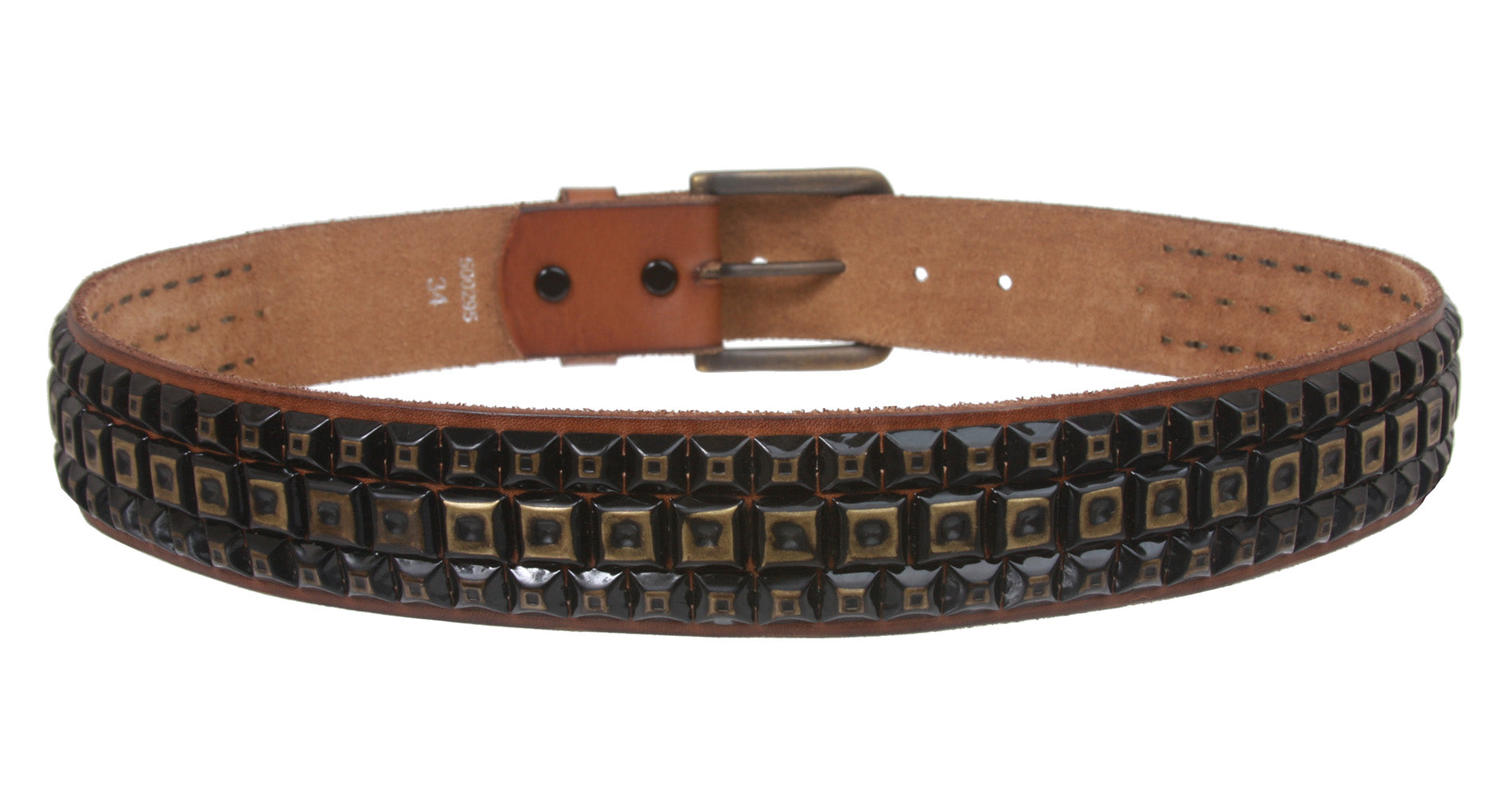 Snap On Three Row Punk Rock Star Metal Distressed Brass Studded Vintage Full Grain Leather Belt