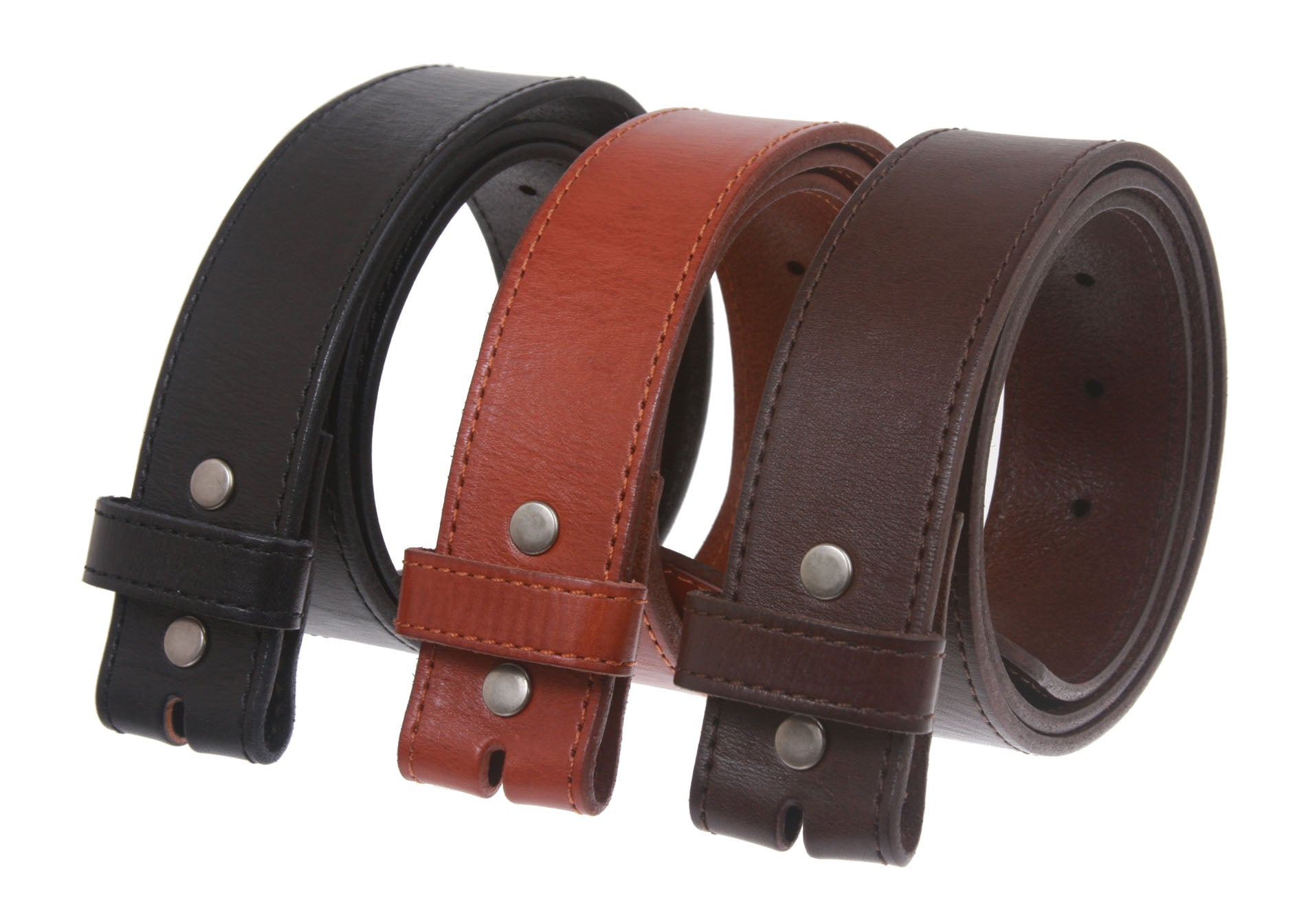 Snap On Cowhide Full Grain Stitching-Edged Leather Belt Strap - OnlineBelts