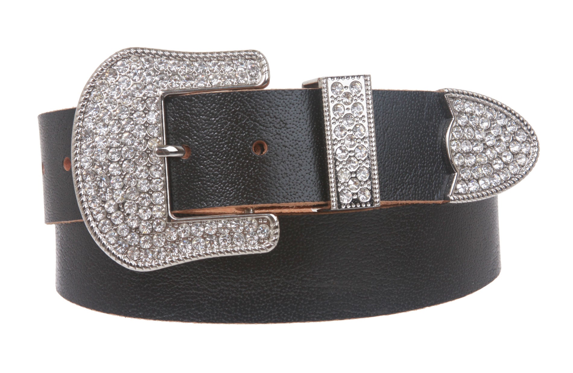 Western Rhinestone Buckle Plain Leather Belt - OnlineBelts