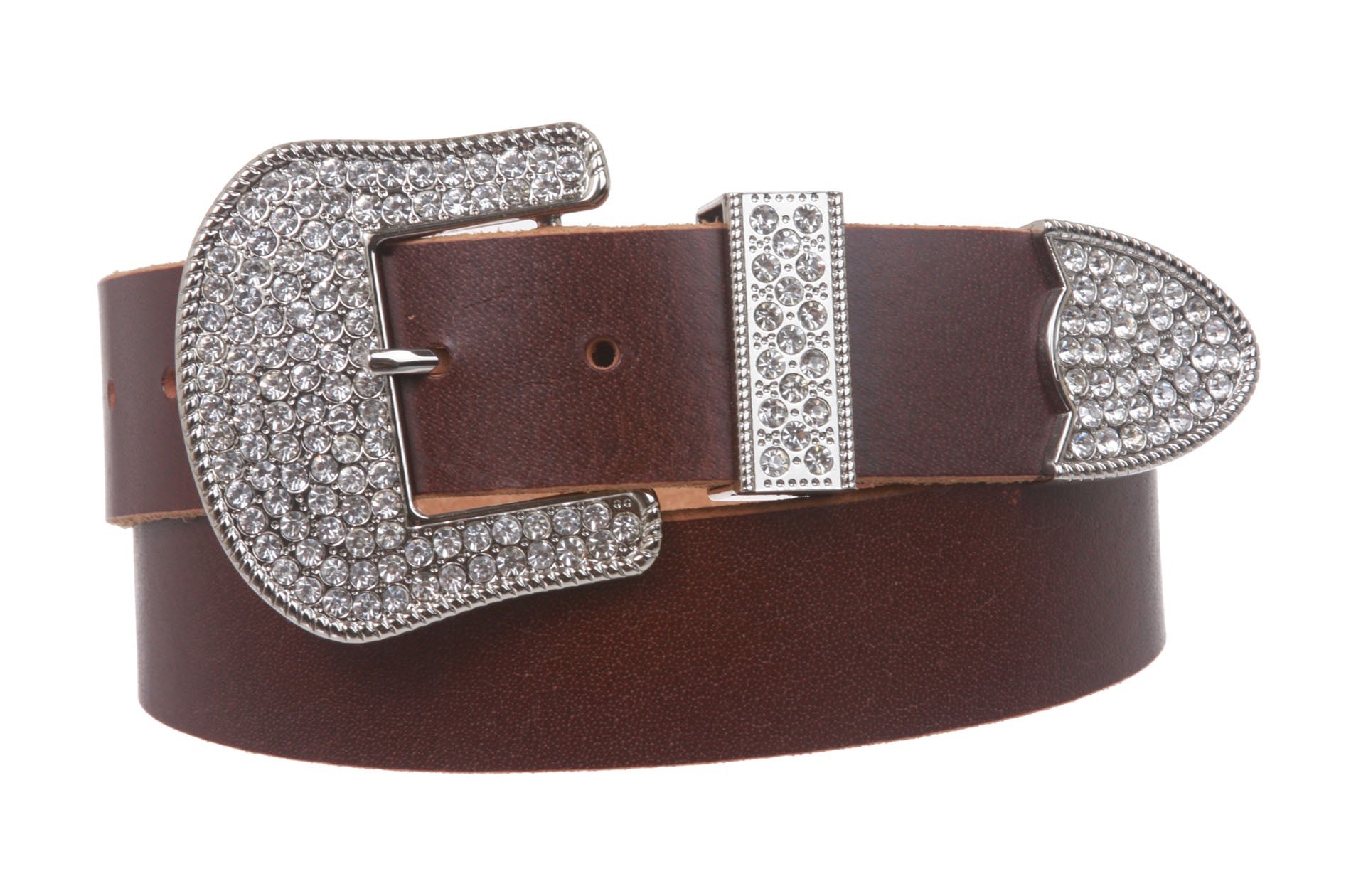Western Rhinestone Buckle Plain Leather Belt - OnlineBelts