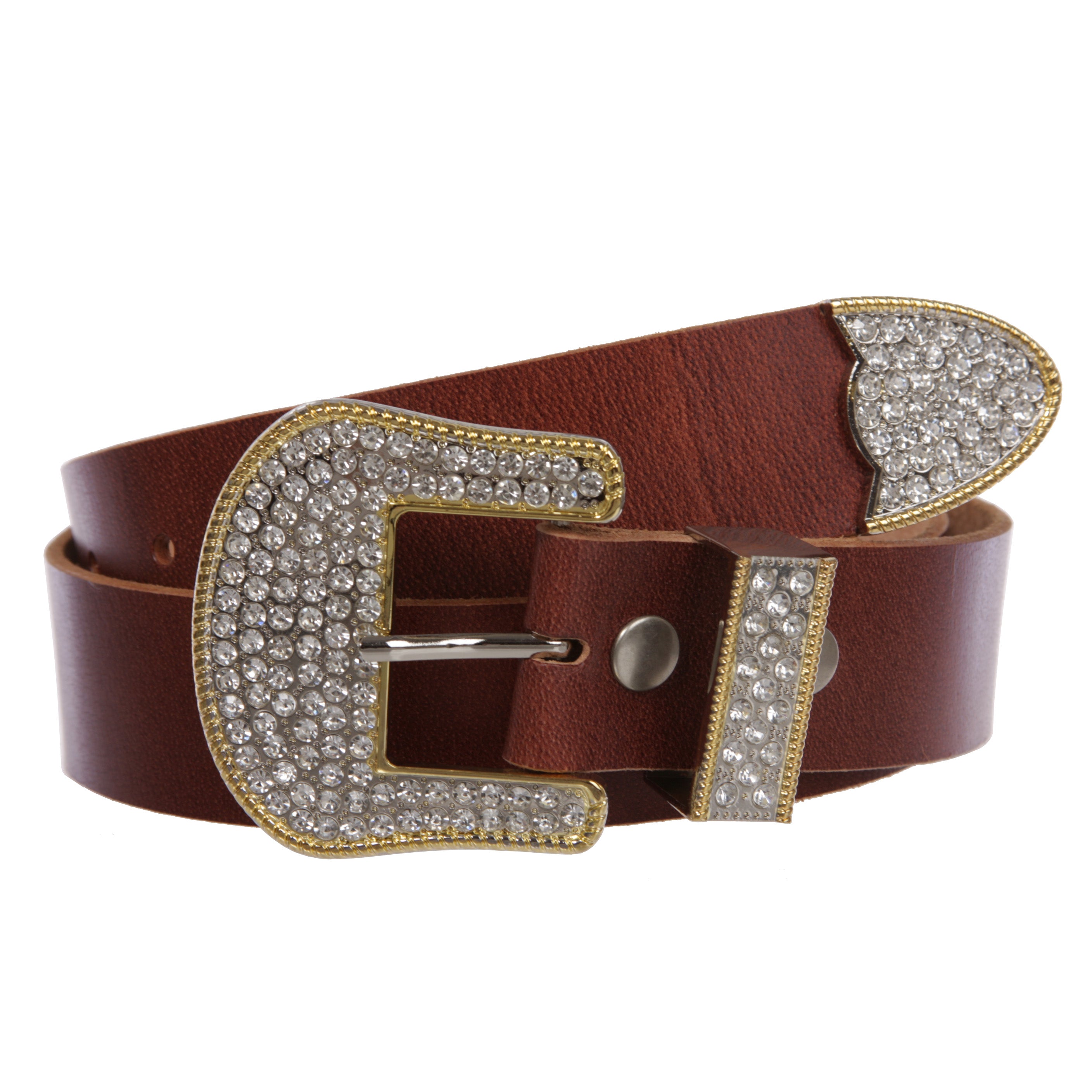 Western Rhinestone Buckle Plain Leather Belt - OnlineBelts