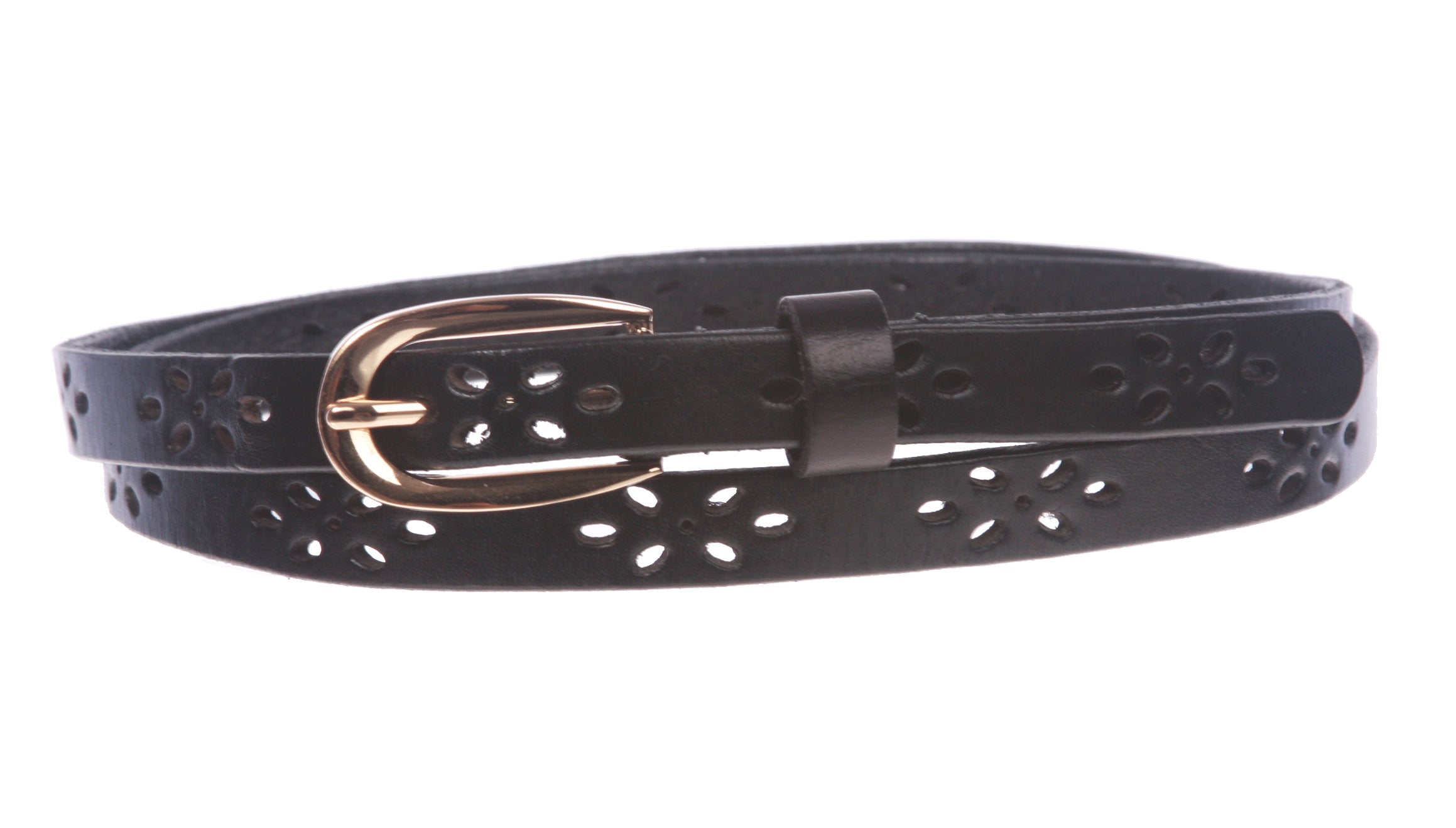 Women's 1/2" (12mm) Skinny Perforated Floral Hollow Out One Piece Cowhide Full Grain Leather Belt - OnlineBelts