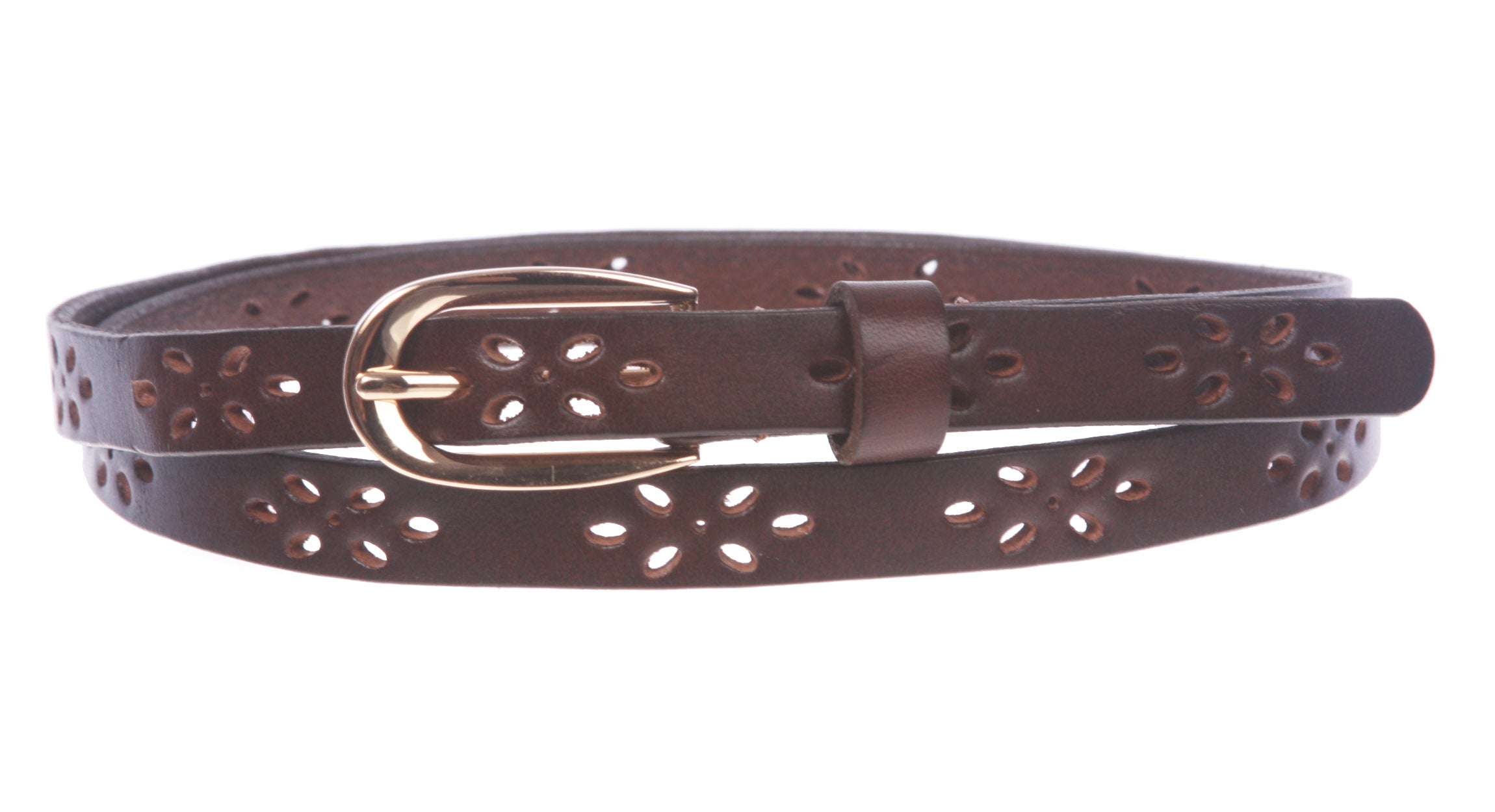 Women's 1/2" (12mm) Skinny Perforated Floral Hollow Out One Piece Cowhide Full Grain Leather Belt - OnlineBelts