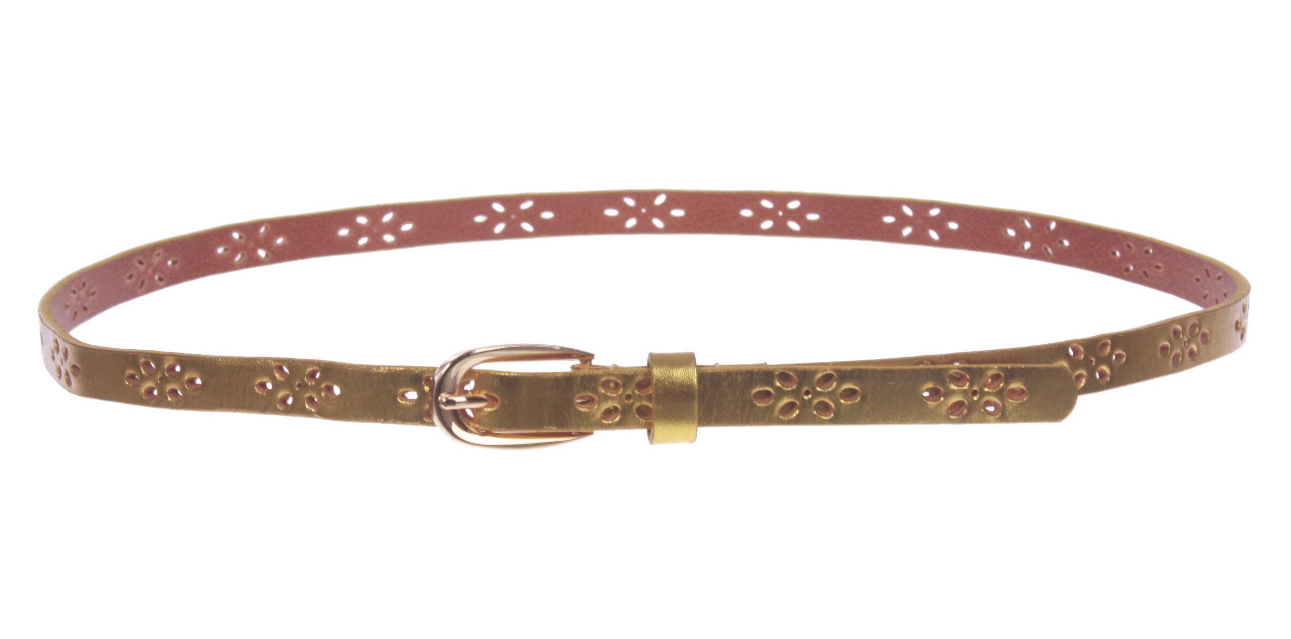 Women's 1/2" (12mm) Skinny Perforated Floral Hollow Out One Piece Cowhide Full Grain Leather Belt - OnlineBelts