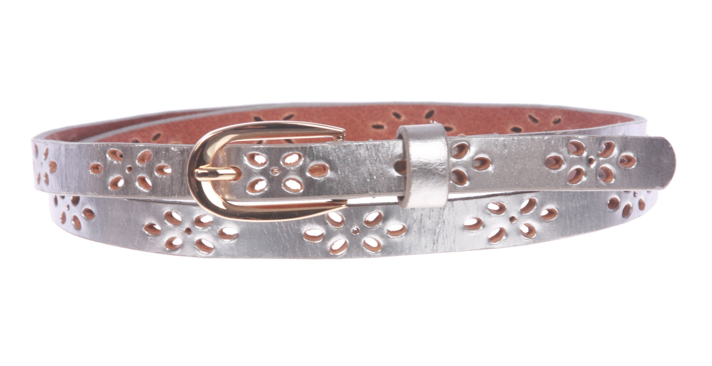 Women's 1/2" (12mm) Skinny Perforated Floral Hollow Out One Piece Cowhide Full Grain Leather Belt - OnlineBelts