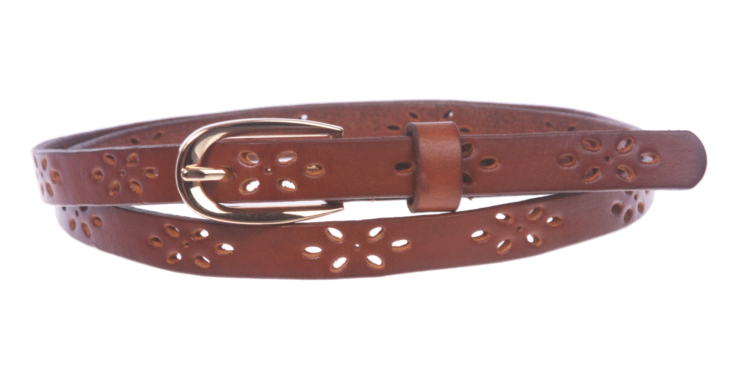 Women's 1/2" (12mm) Skinny Perforated Floral Hollow Out One Piece Cowhide Full Grain Leather Belt - OnlineBelts