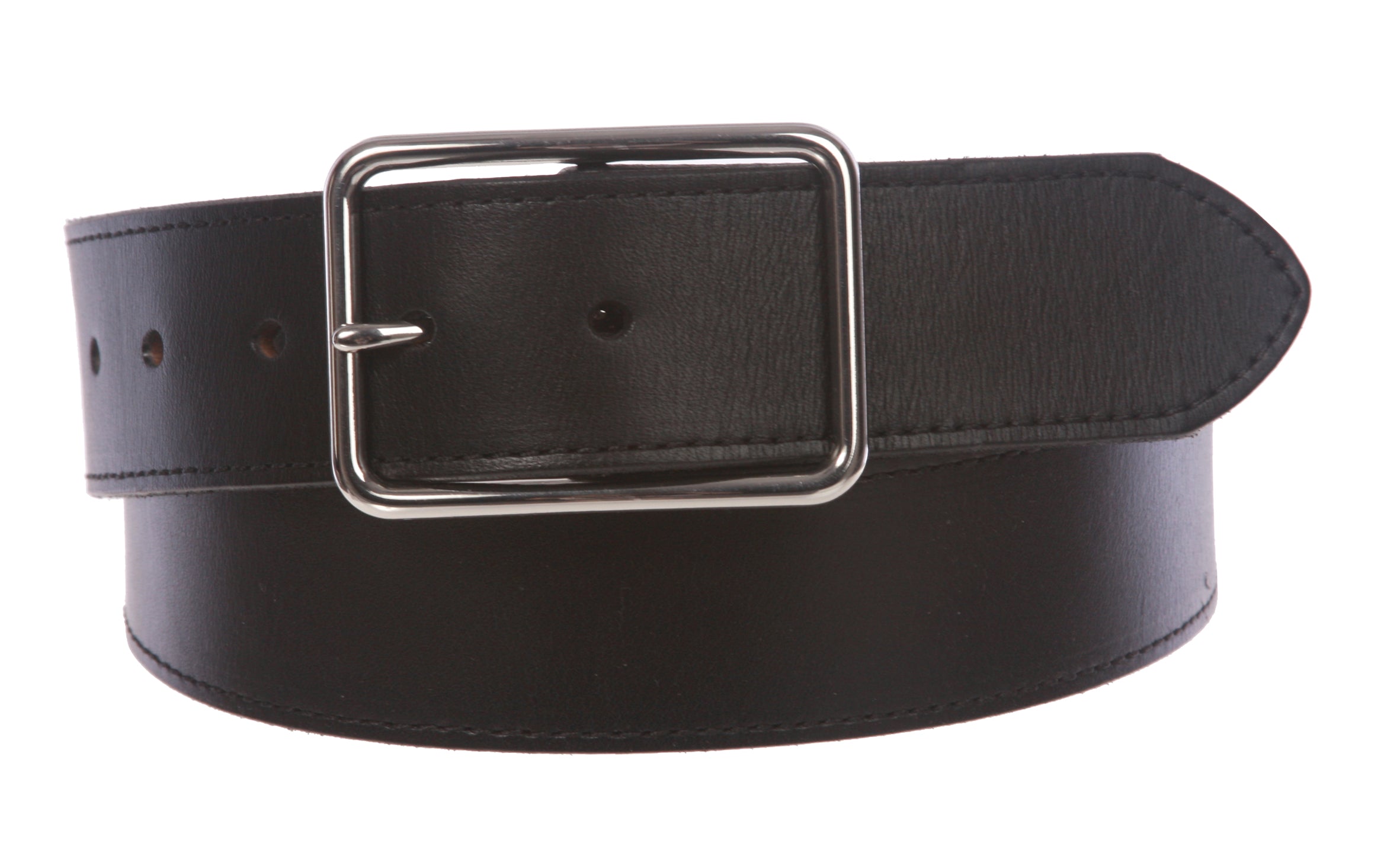 Snap On Cowhide Full Grain Stitching-Edged Leather Belt with Rectangular Buckle - OnlineBelts