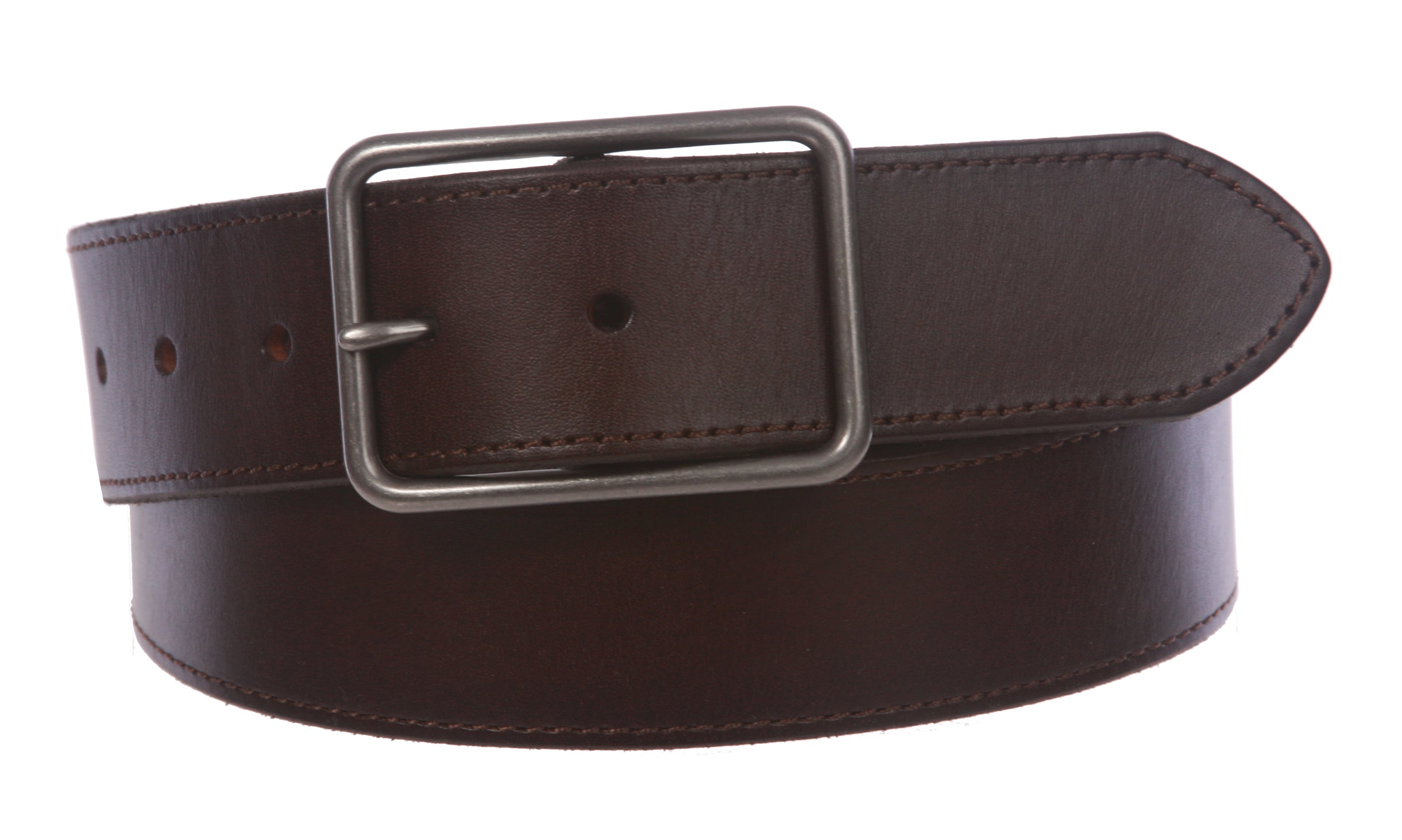 Snap On Cowhide Full Grain Stitching-Edged Leather Belt with Rectangular Buckle - OnlineBelts