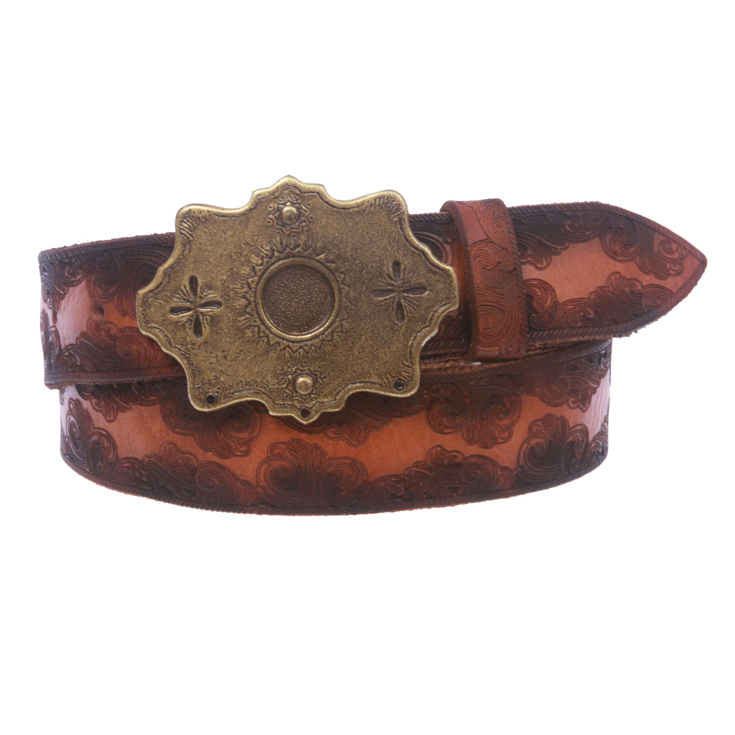 Snap On Floral Embossed Vintage Cowhide Full Grain Leather Belt - OnlineBelts