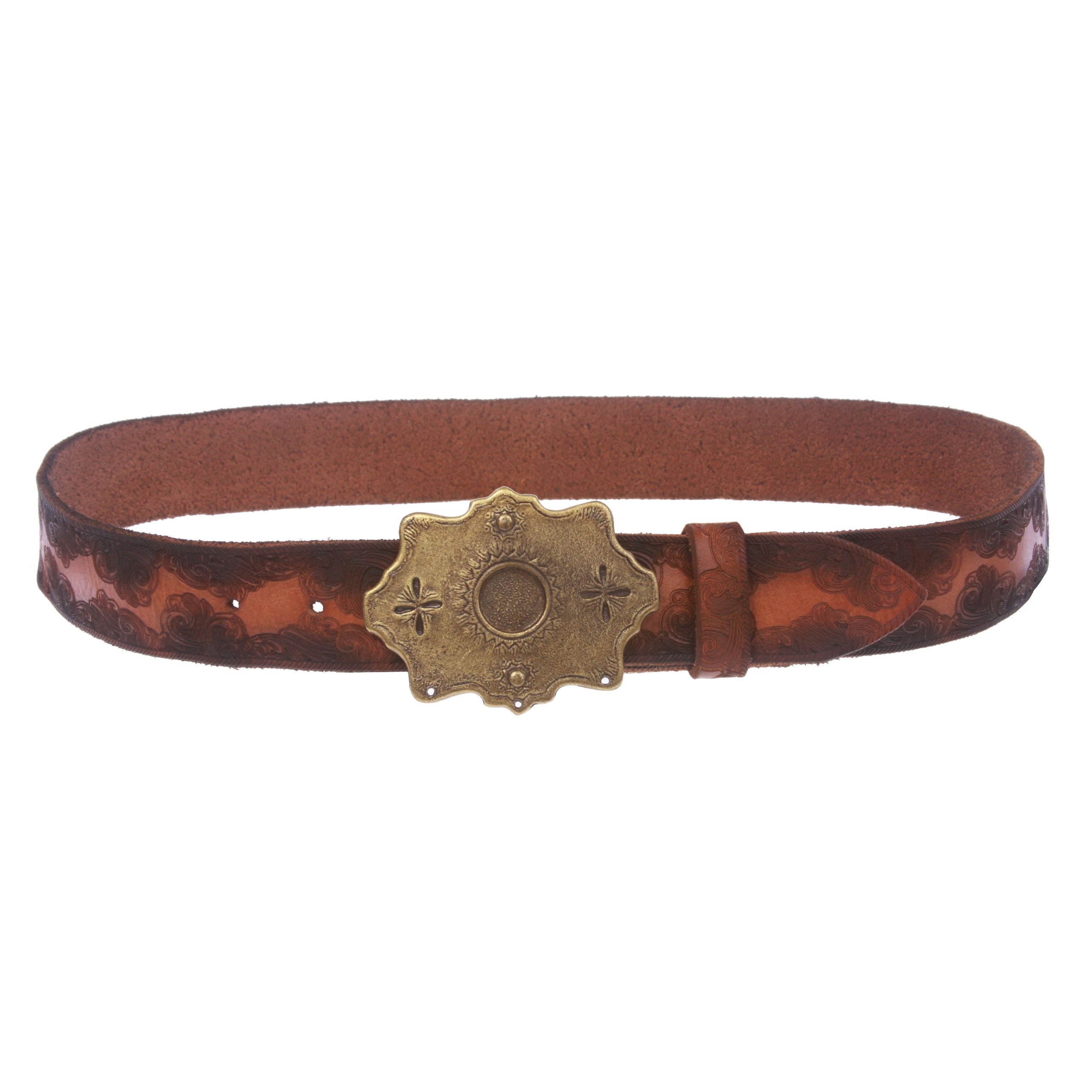 Snap On Floral Embossed Vintage Cowhide Full Grain Leather Belt - OnlineBelts